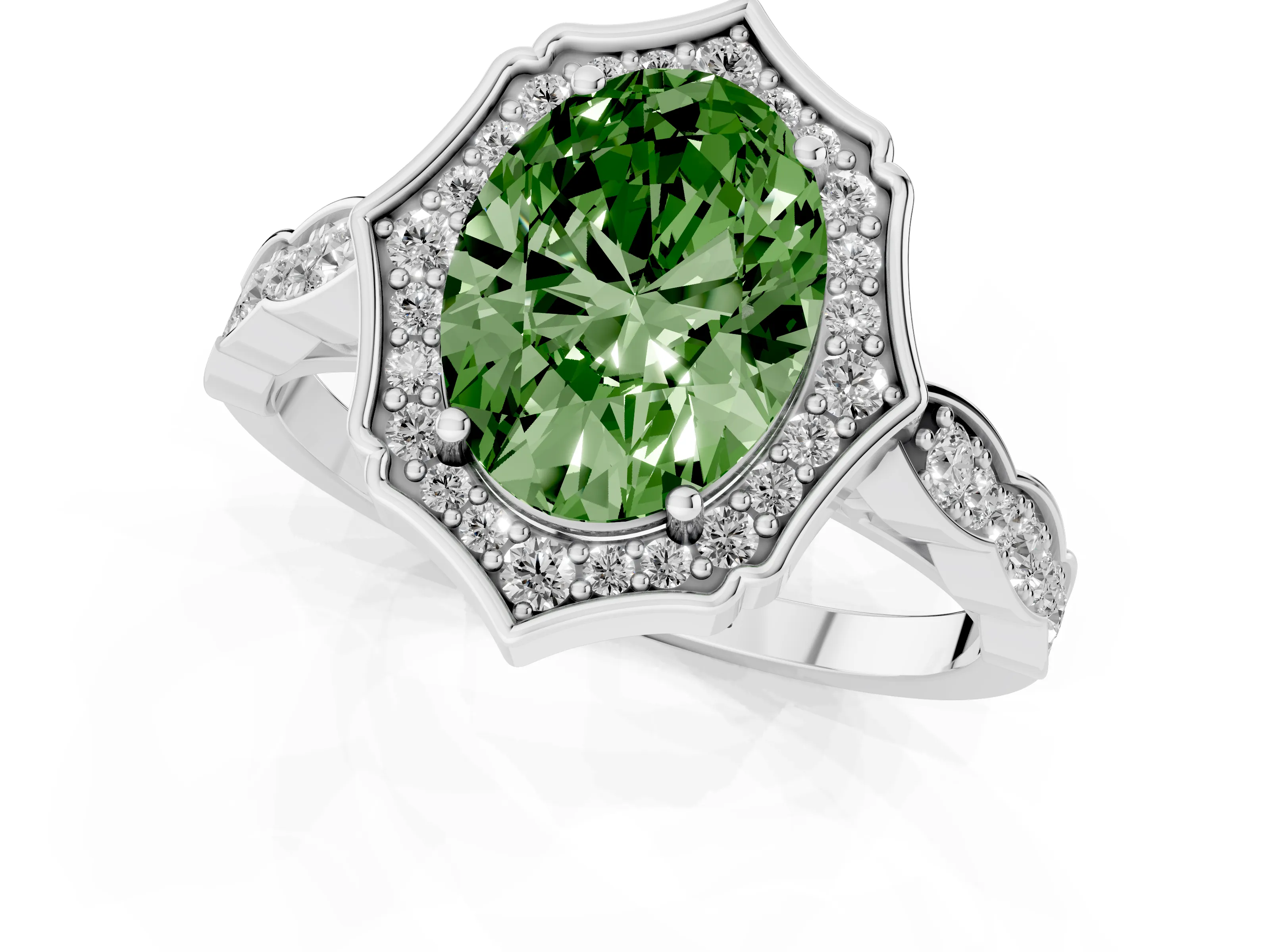 Fancy Green Oval Cut Diamond Halo Engagement Ring Set in White gold with Milgrain Band and Prong Setting