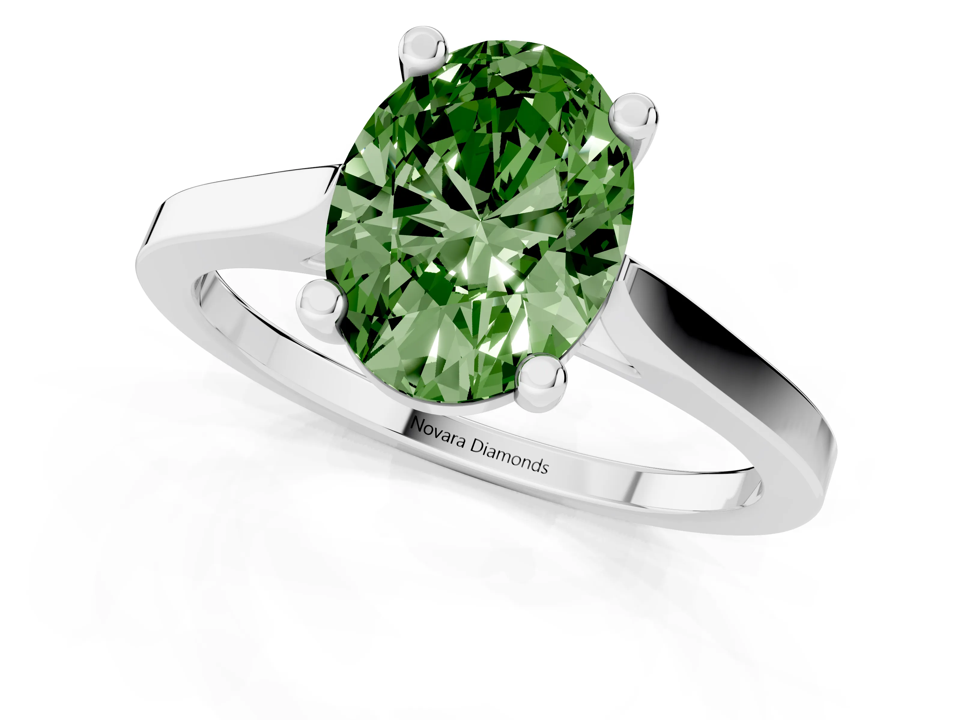 Fancy Green Oval Cut Diamond Solitaire Ring Set in Platinum with Prong Setting and Tapered Band