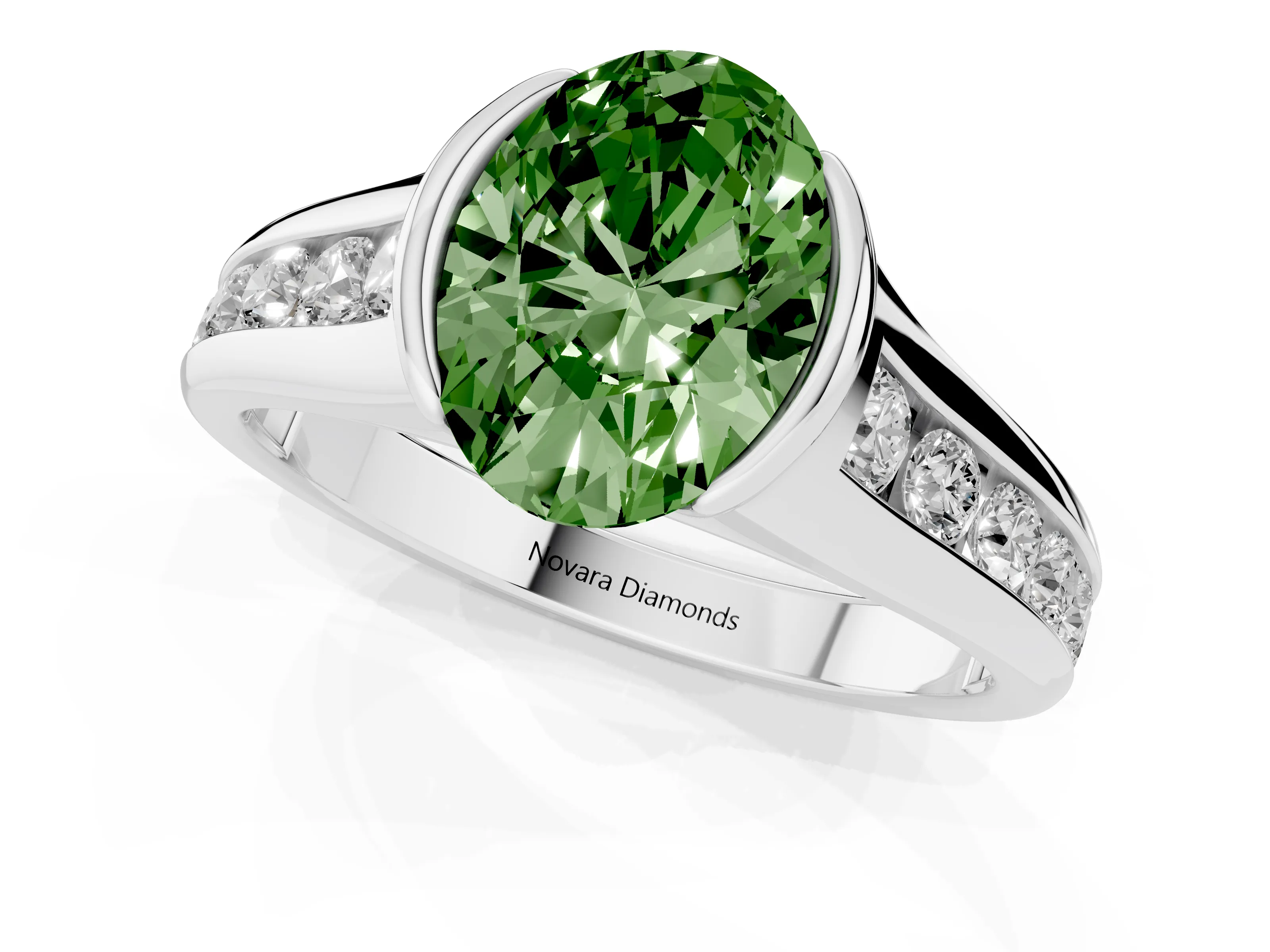 Fancy Green Oval Cut Diamond Bezel-Set Solitaire Ring Set in Silver with Channel-Set Band