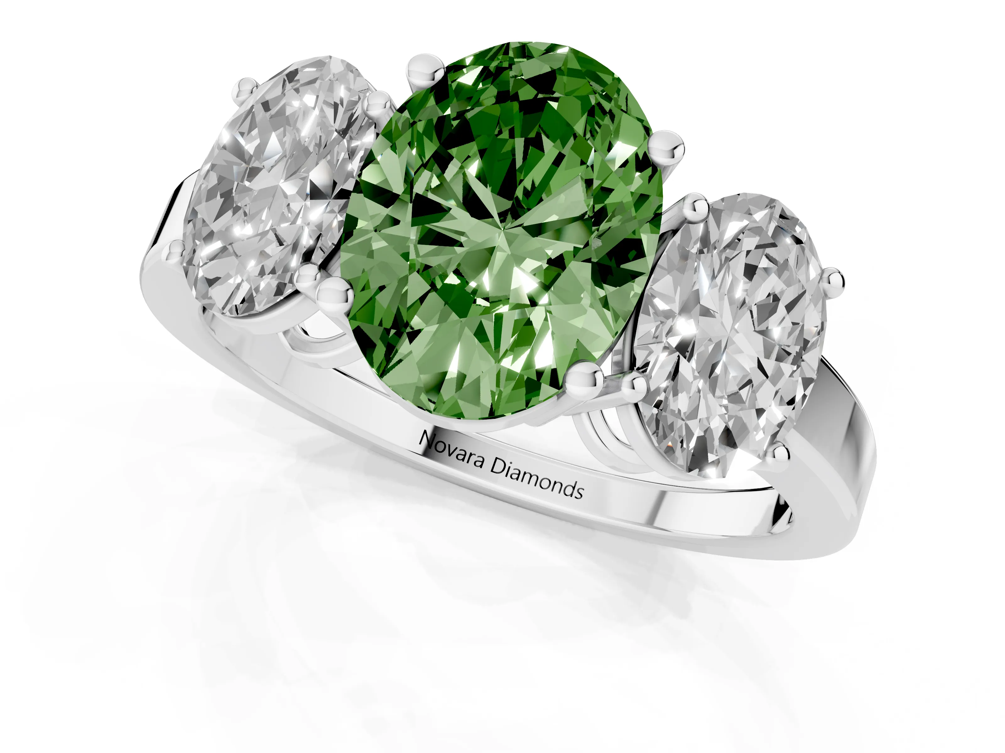 Fancy Green Oval Cut Diamond Three-Stone Engagement Ring Set in White gold with Flat Band