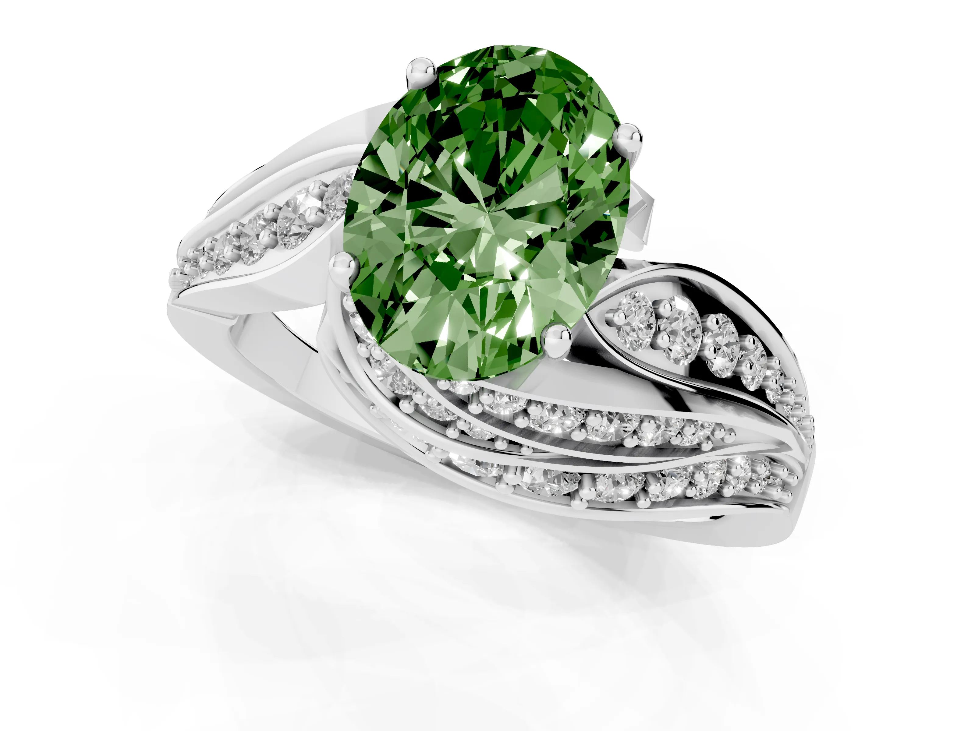 Fancy Green Oval Cut Diamond Solitaire Ring Set in Silver with Layered Twist Pavé Band