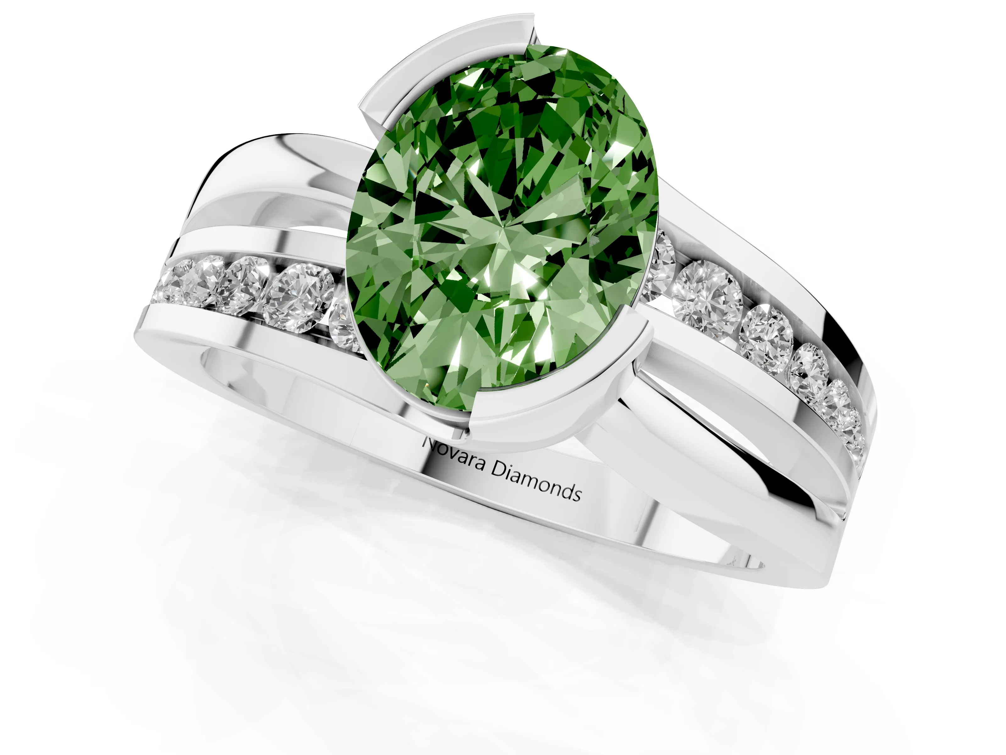 Fancy Green Oval Cut Diamond Solitaire Ring Set in Silver with Channel Set Split Shank and Tension Prongs