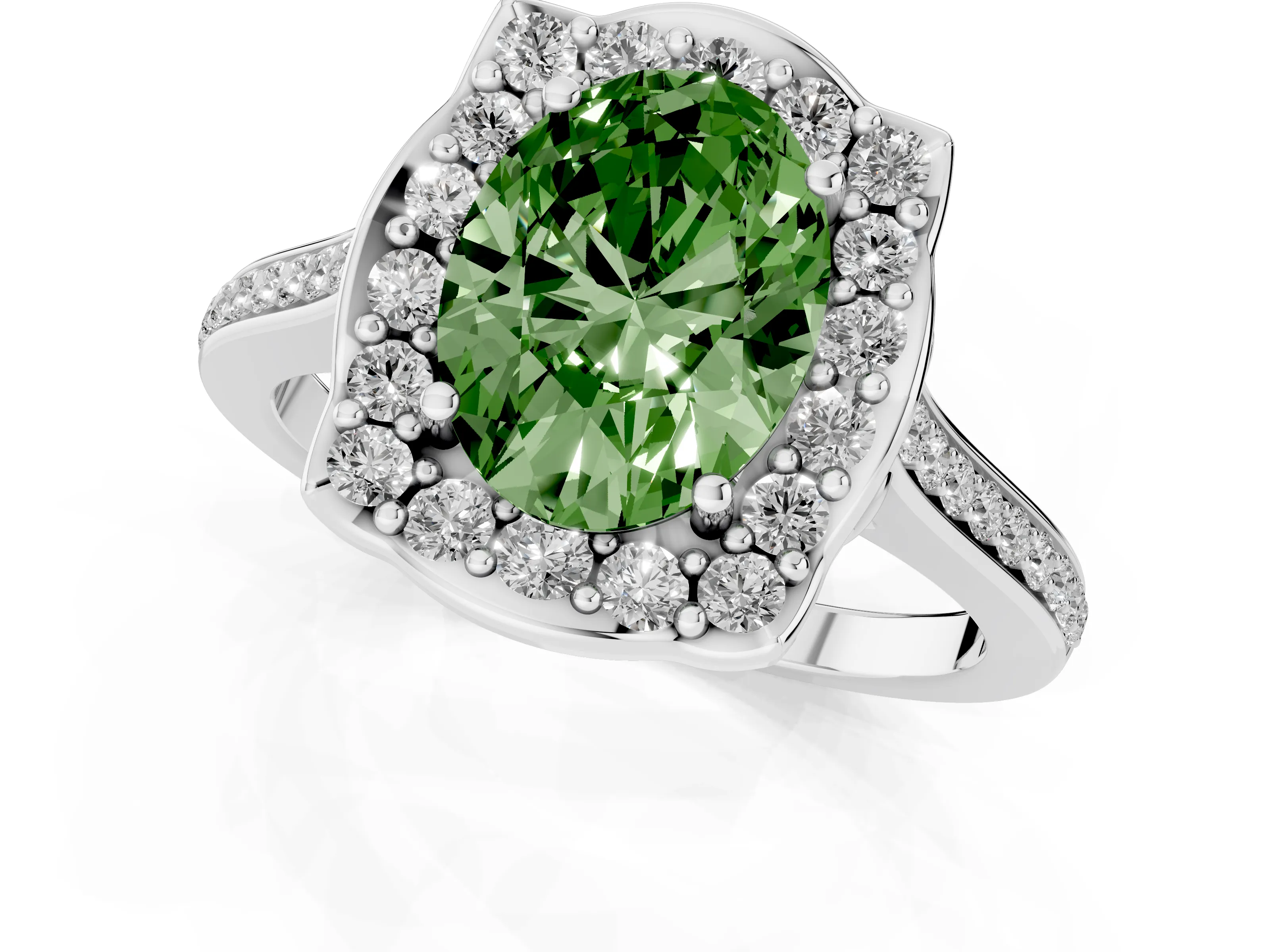 Fancy Green Oval Cut Diamond Halo Ring Set in Silver with Pavé-Lined Shoulders and Prong Setting
