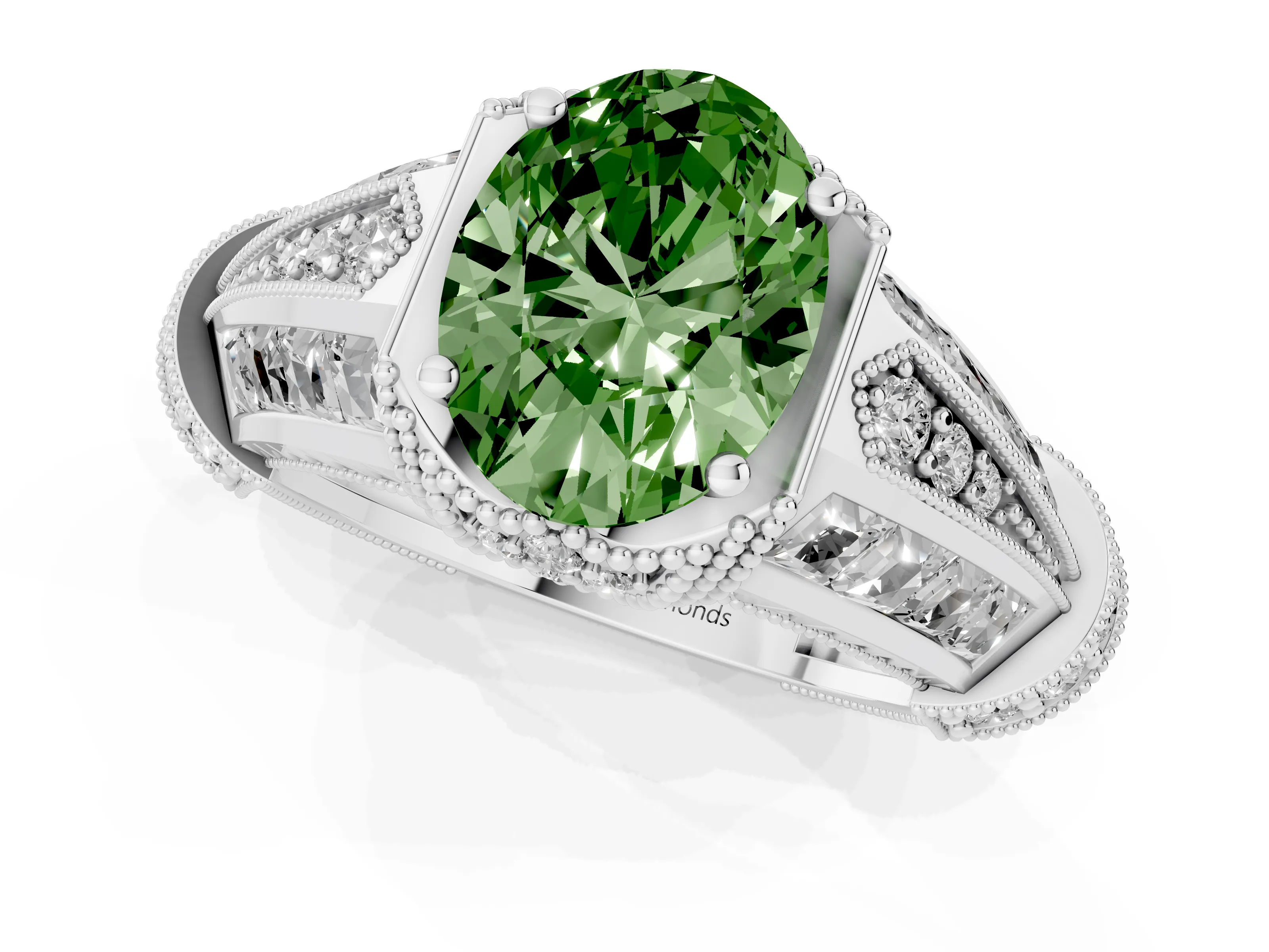 Fancy Green Oval Cut Diamond Vintage-Inspired Milgrain Ring Set in Silver with Accent Split Shank