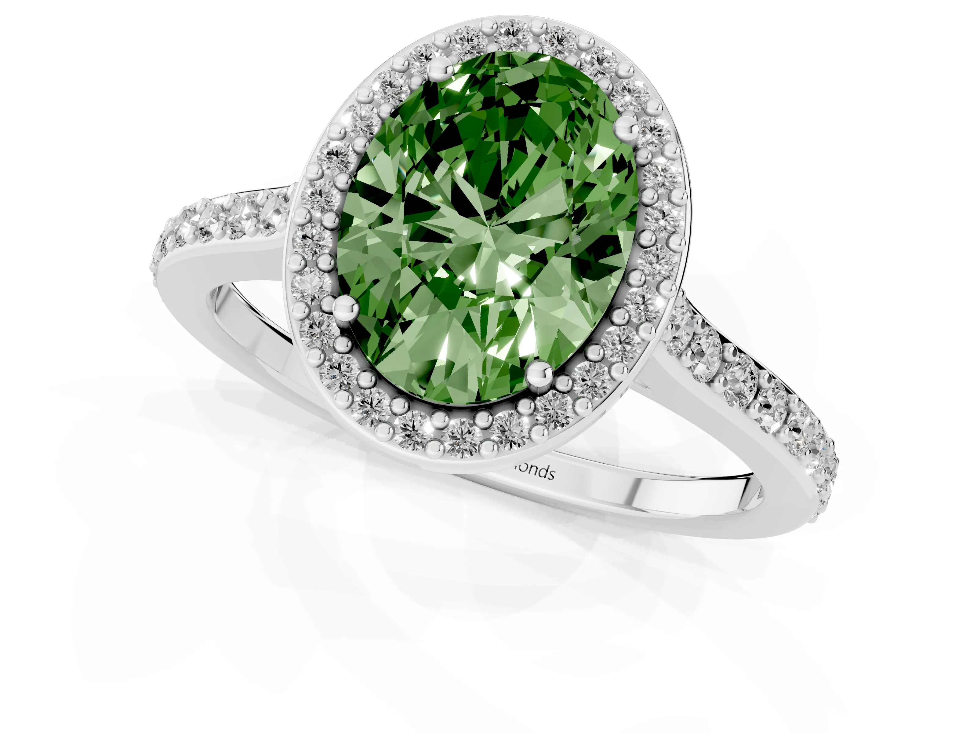 Fancy Green Oval Cut Diamond Halo Engagement Ring Set in White gold with Round Pavé Shoulders and Heart Gallery