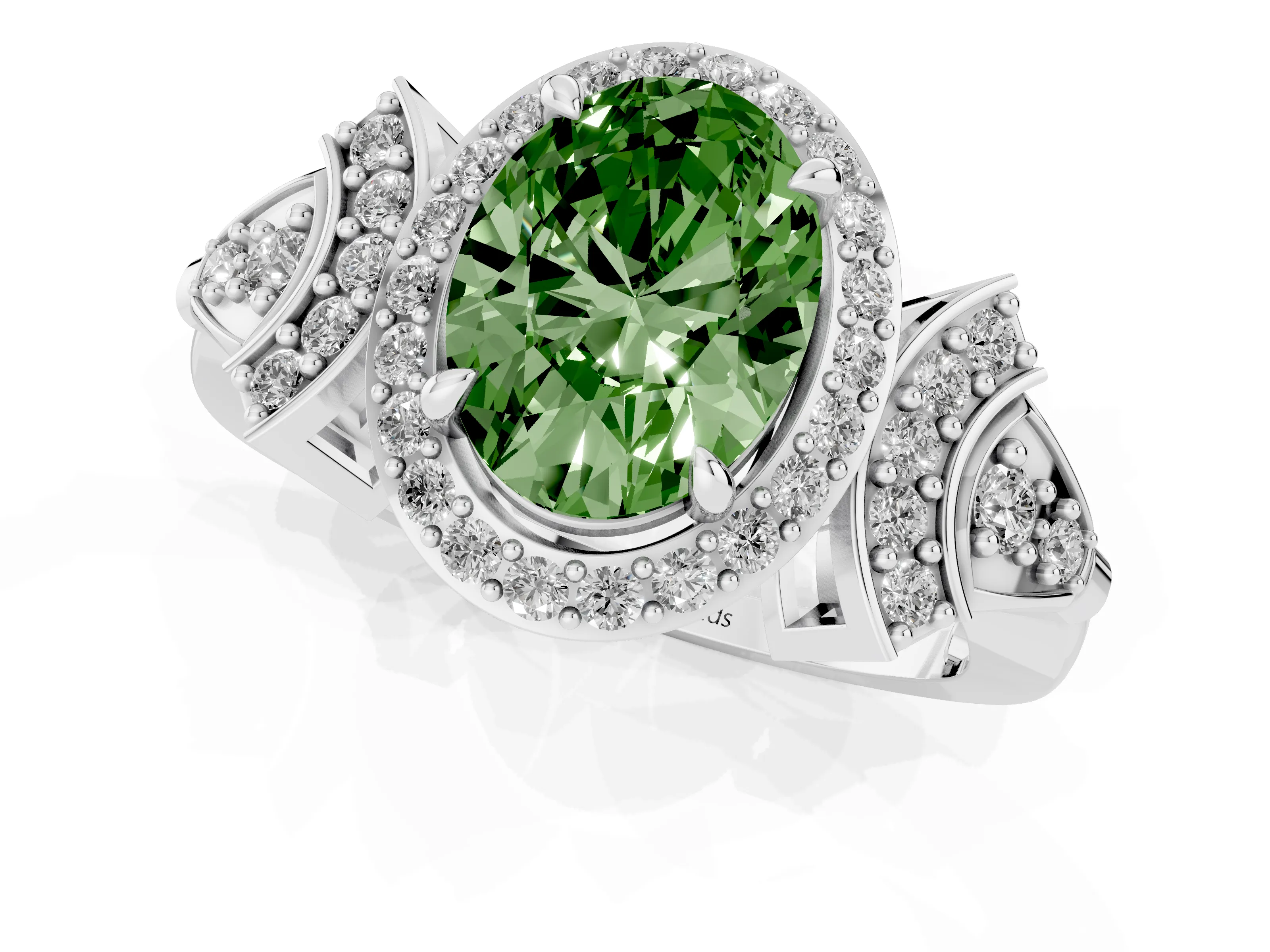Fancy Green Oval Cut Diamond Halo Engagement Ring Set in Platinum with Accent Stone Split Shank