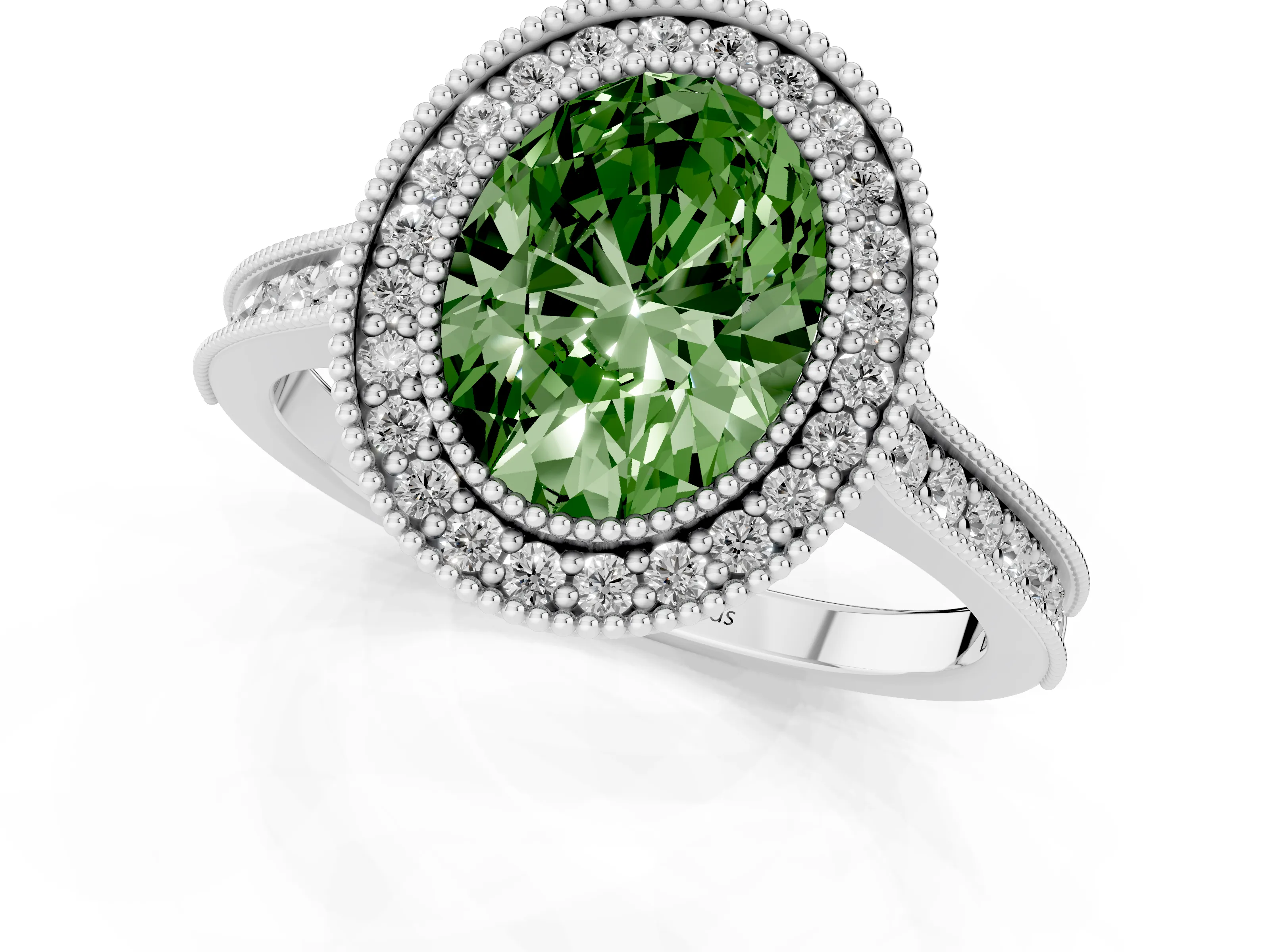 Fancy Green Oval Cut Diamond Halo Milgrain Pavé Band Ring Set in Silver with Prong Setting