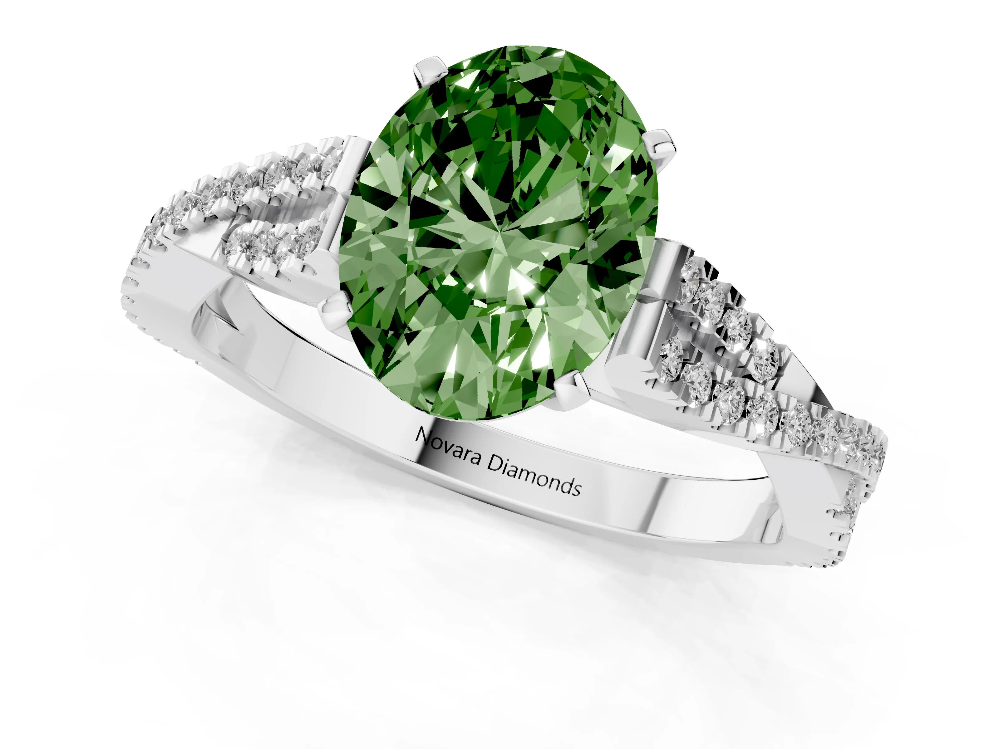 Fancy Green Oval Cut Diamond Solitaire Engagement Ring Set in White gold with Twisted Pavé Band and Prong Setting