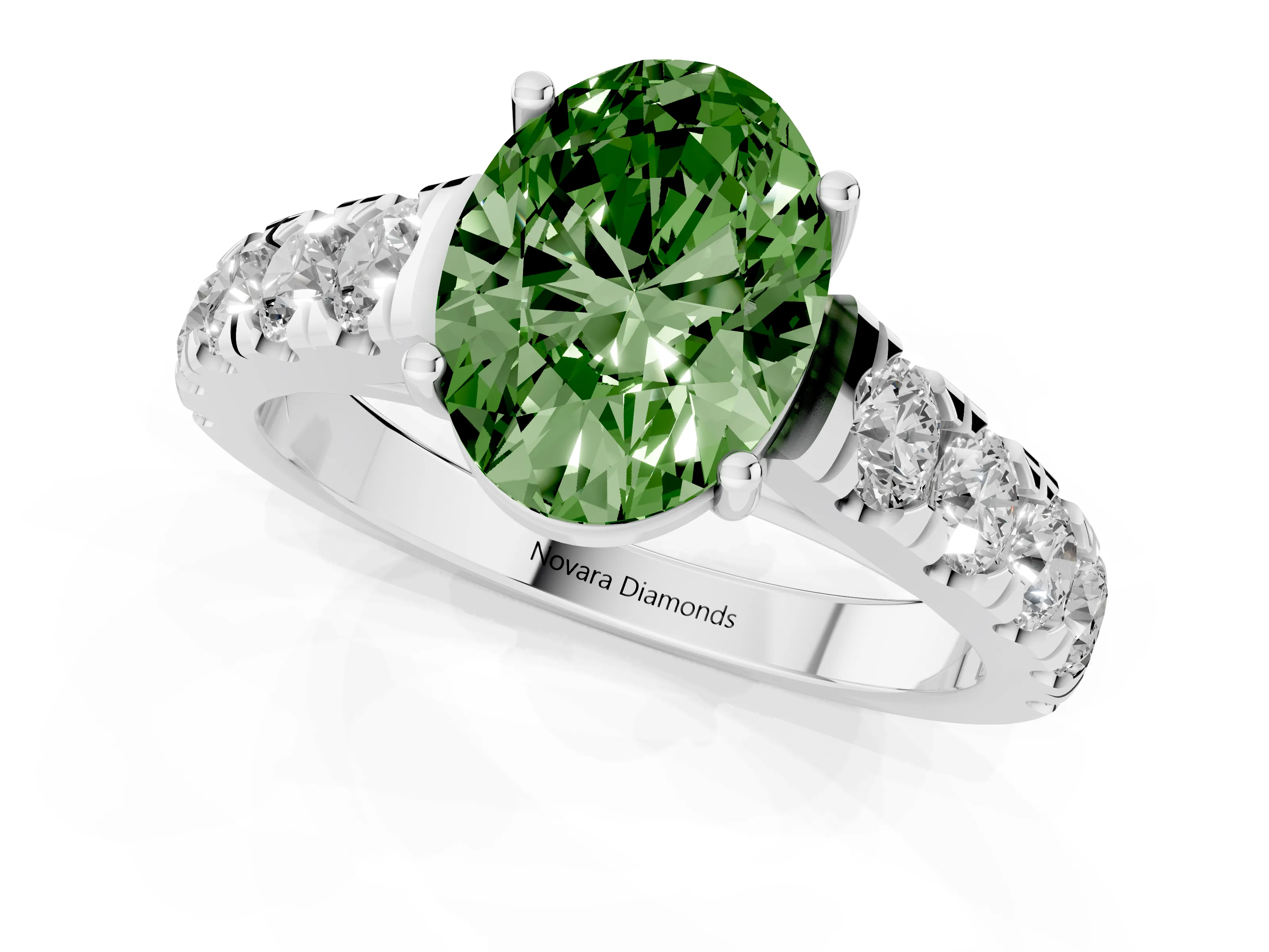 Fancy Green Oval Cut Diamond Solitaire Ring Set in Silver with Cut-Down Micro Pavé Band and Prong Setting