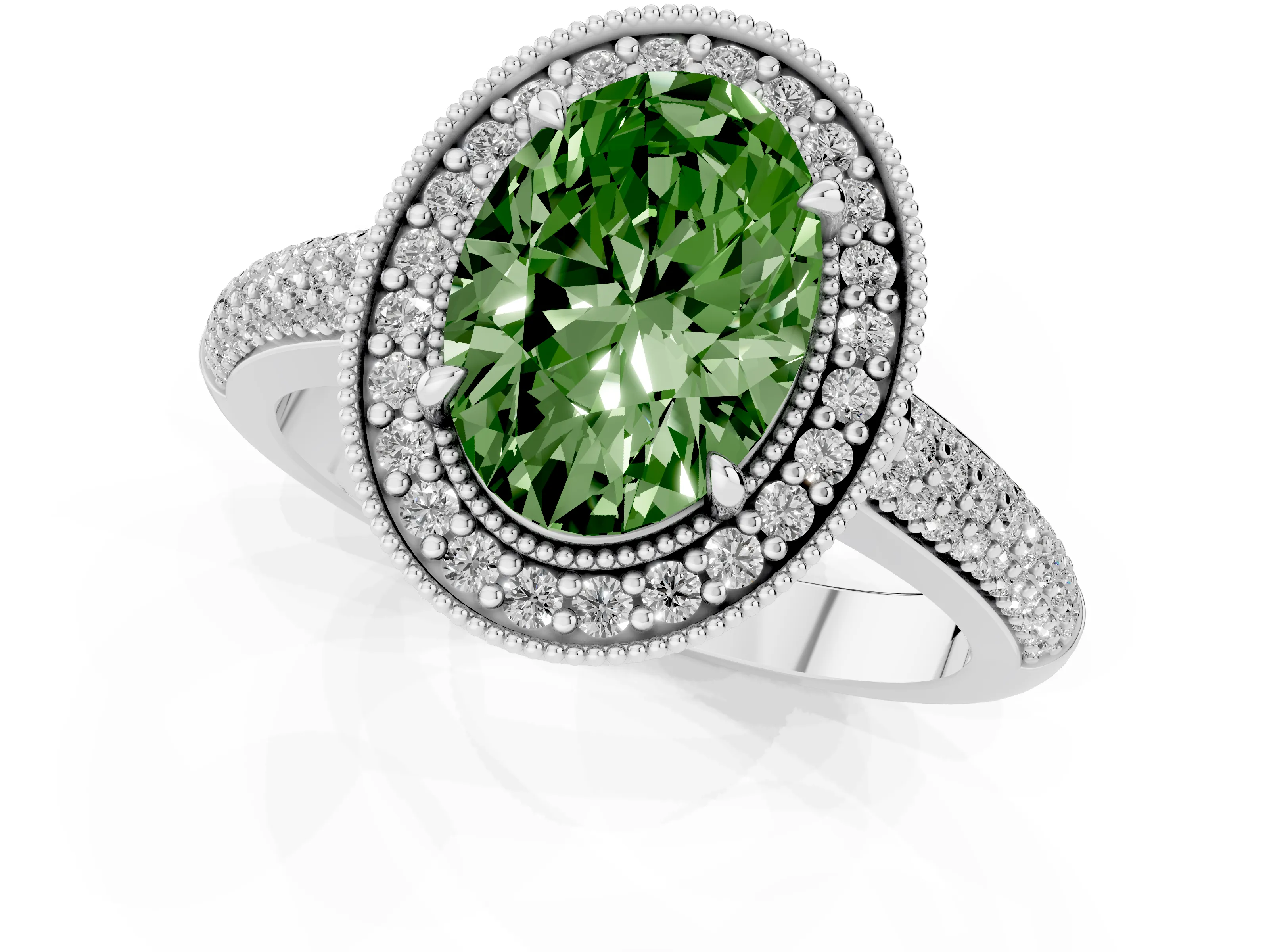 Fancy Green Oval Cut Diamond Halo Pavé Band Set in Platinum with Prong Setting