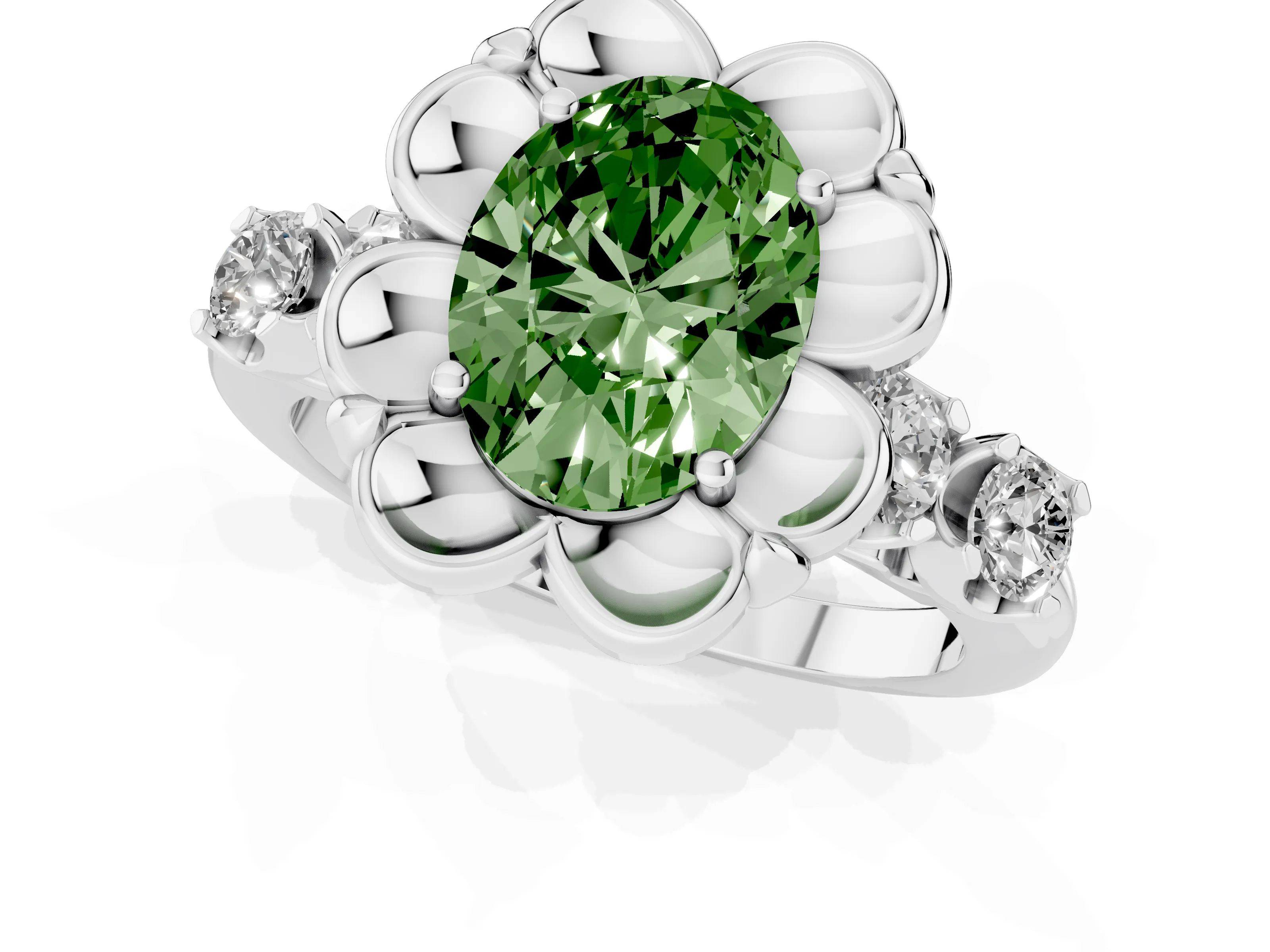 Fancy Green Oval Cut Diamond Floral Halo Ring Set in Platinum with Shared Prong Band