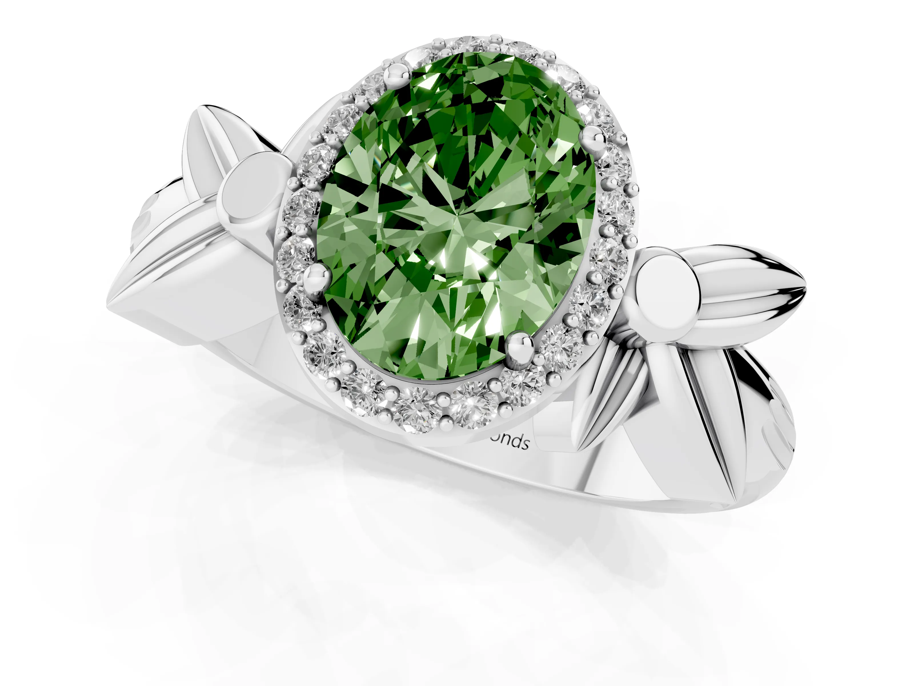 Fancy Green Oval Cut Diamond Halo Floral Band Ring Set in Silver with Prong Setting