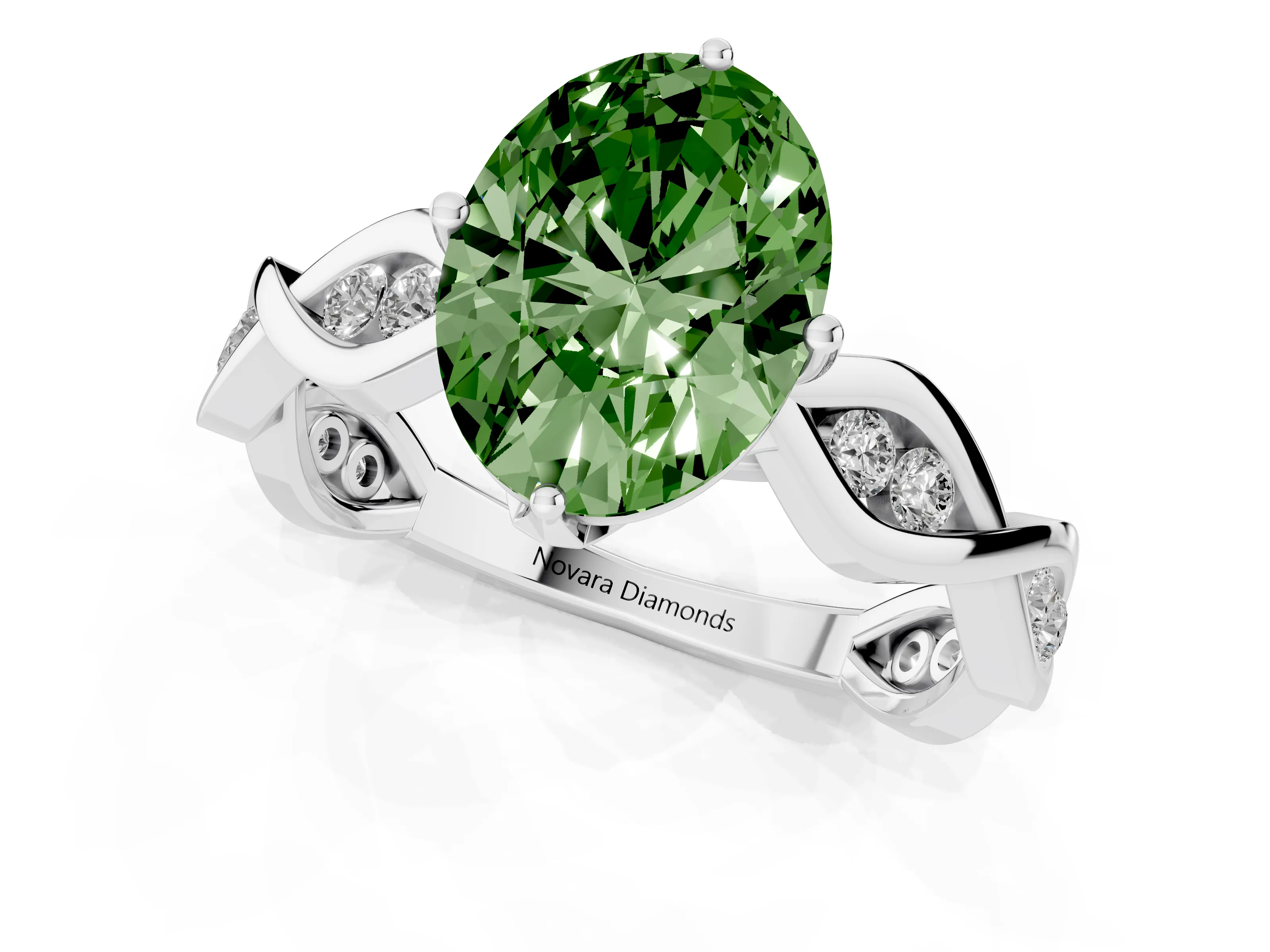 Fancy Green Oval Cut Diamond Twist Band Solitaire Ring Set in Platinum with Leaf Prong Setting and Accent Stones