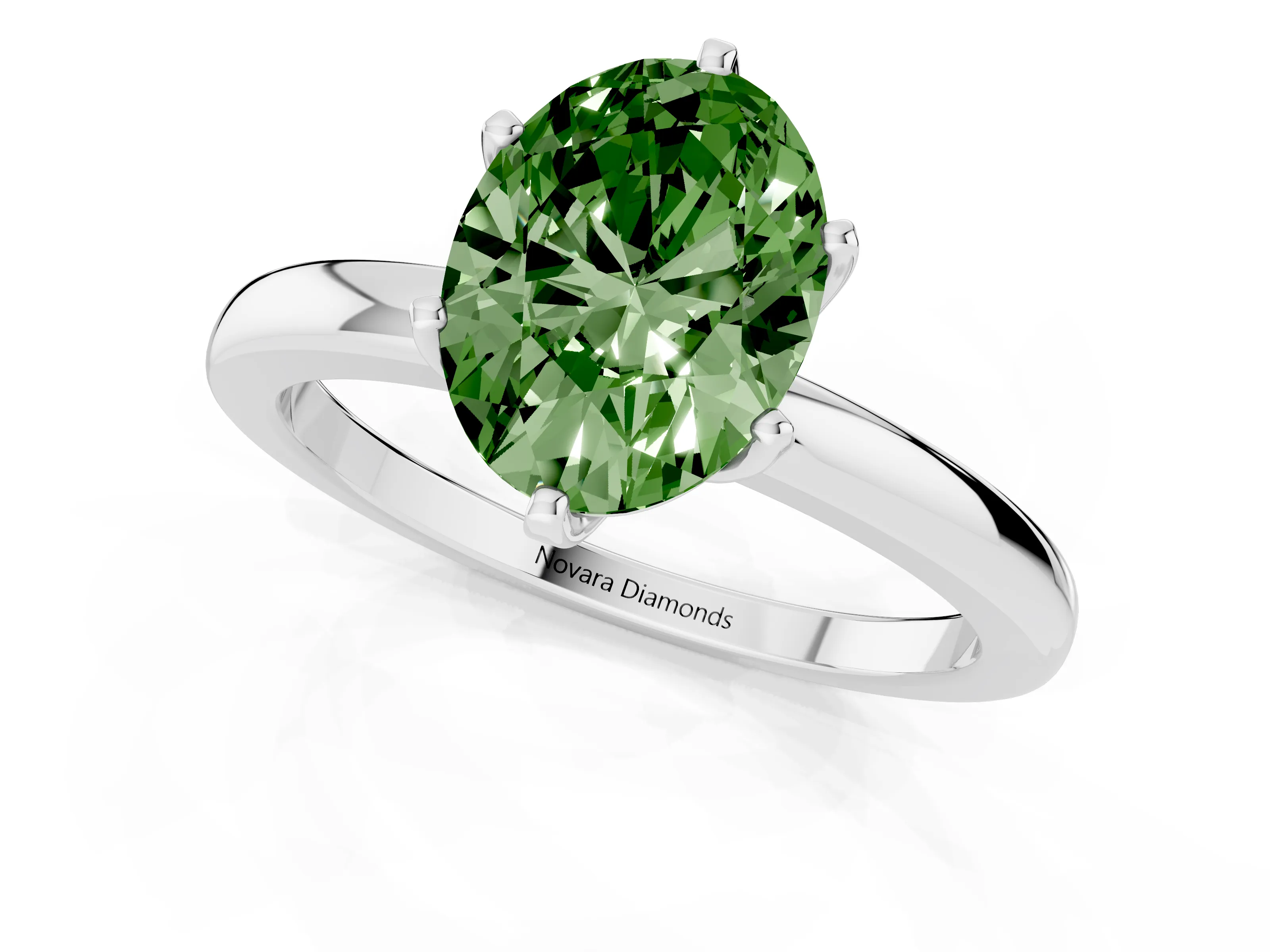 Fancy Green Oval Cut Diamond Solitaire Ring Set in White gold with Raised Prong Setting on a Classic Band