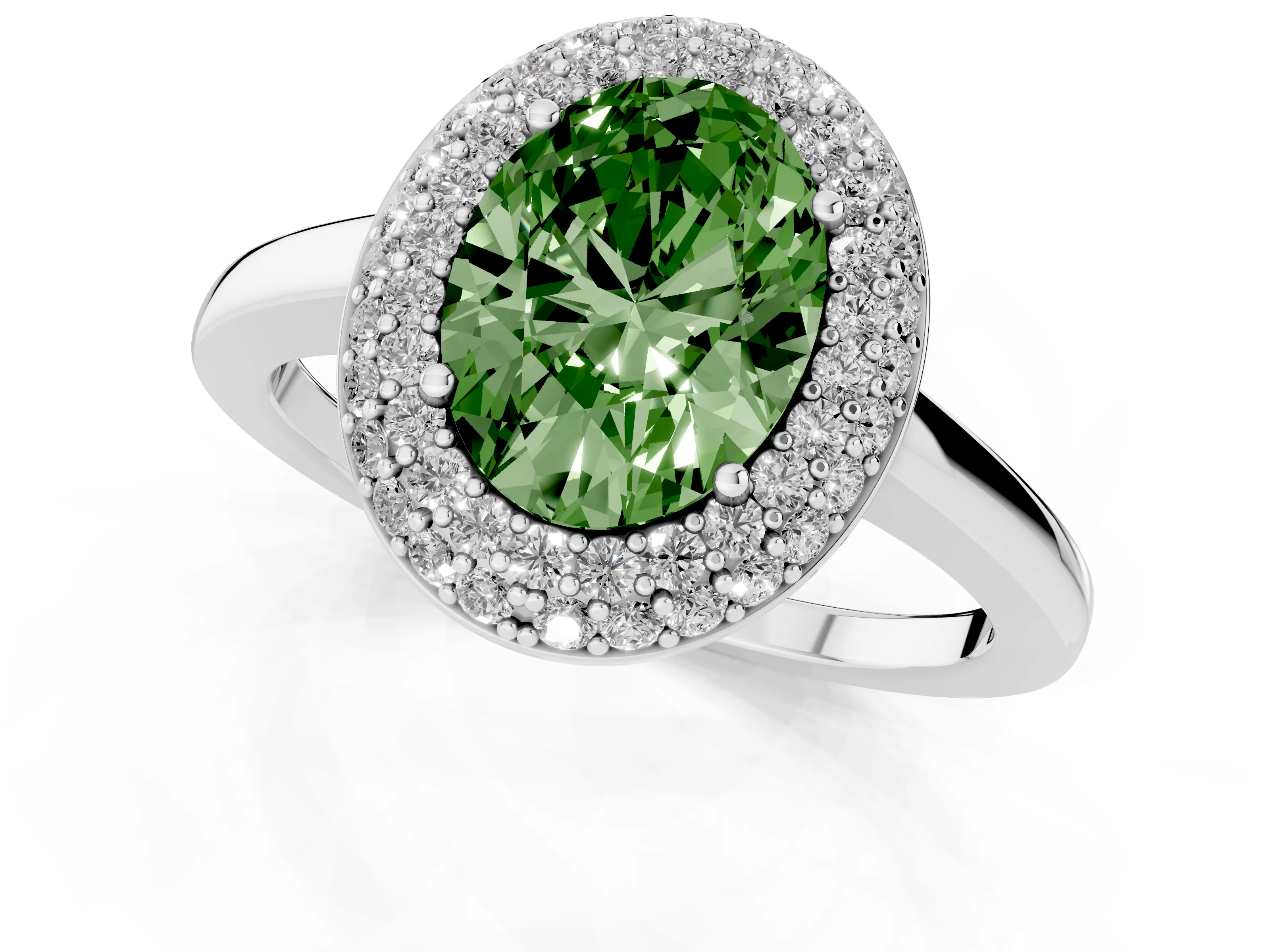 Fancy Green Oval Cut Diamond Halo Engagement Ring Set in Silver with Solitaire Band and Prong Setting