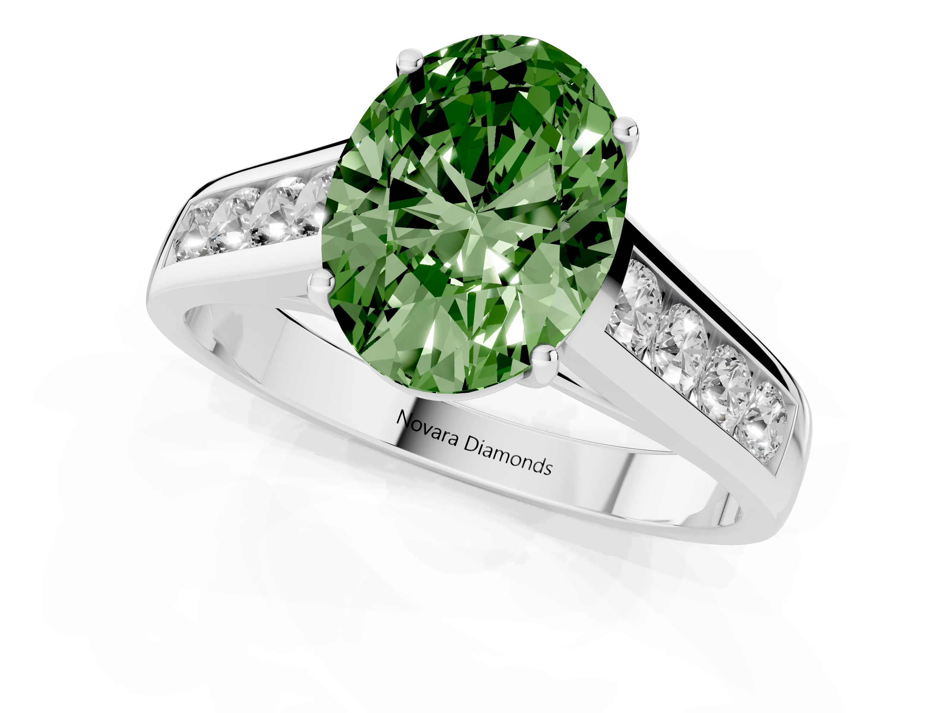 Fancy Green Oval Cut Diamond Solitaire Channel-Set Engagement Ring Set in Silver with Prong Setting