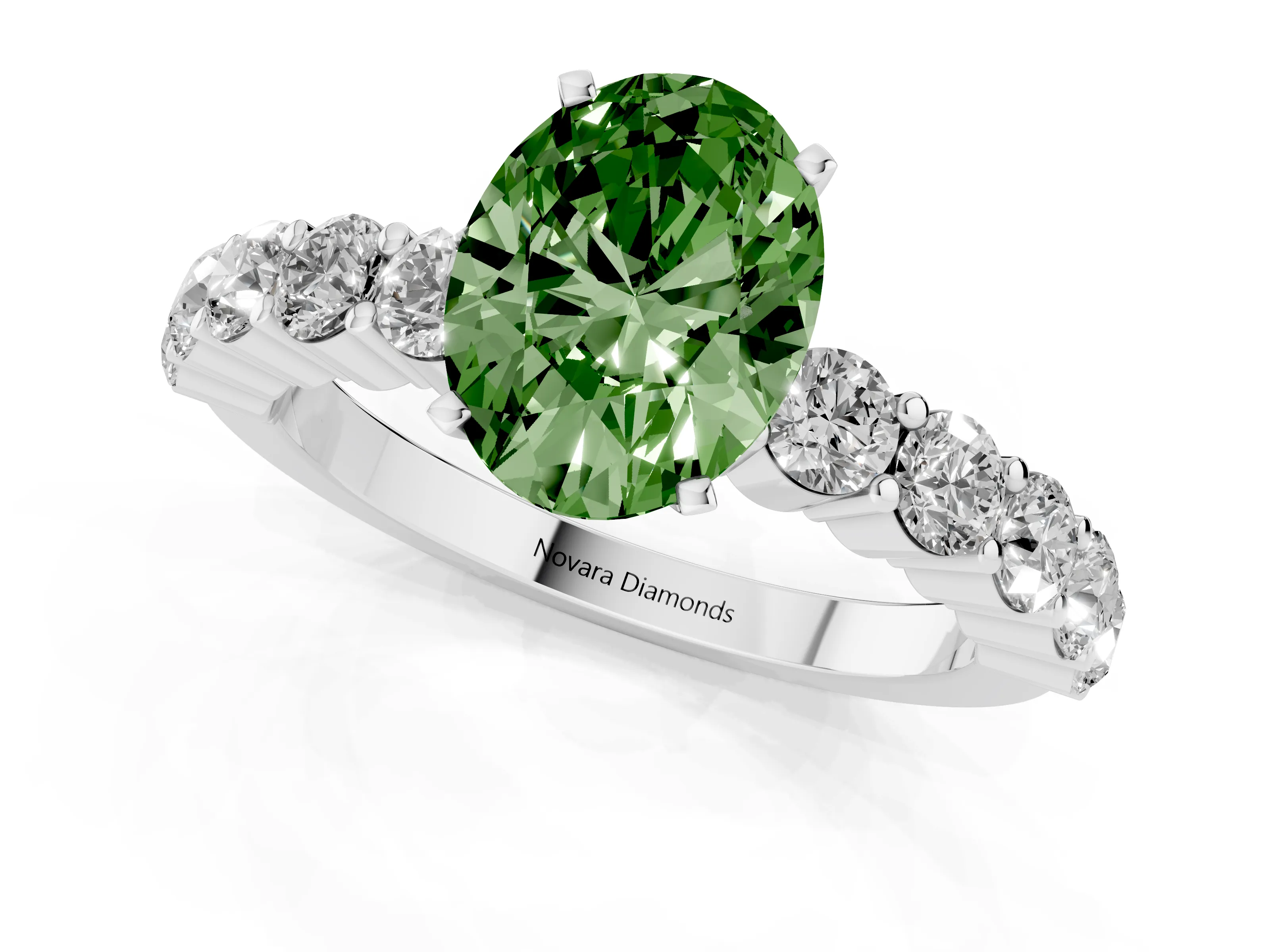 Fancy Green Oval Cut Diamond Solitaire Ring Set in Platinum with Shared Prong Round Side Stones