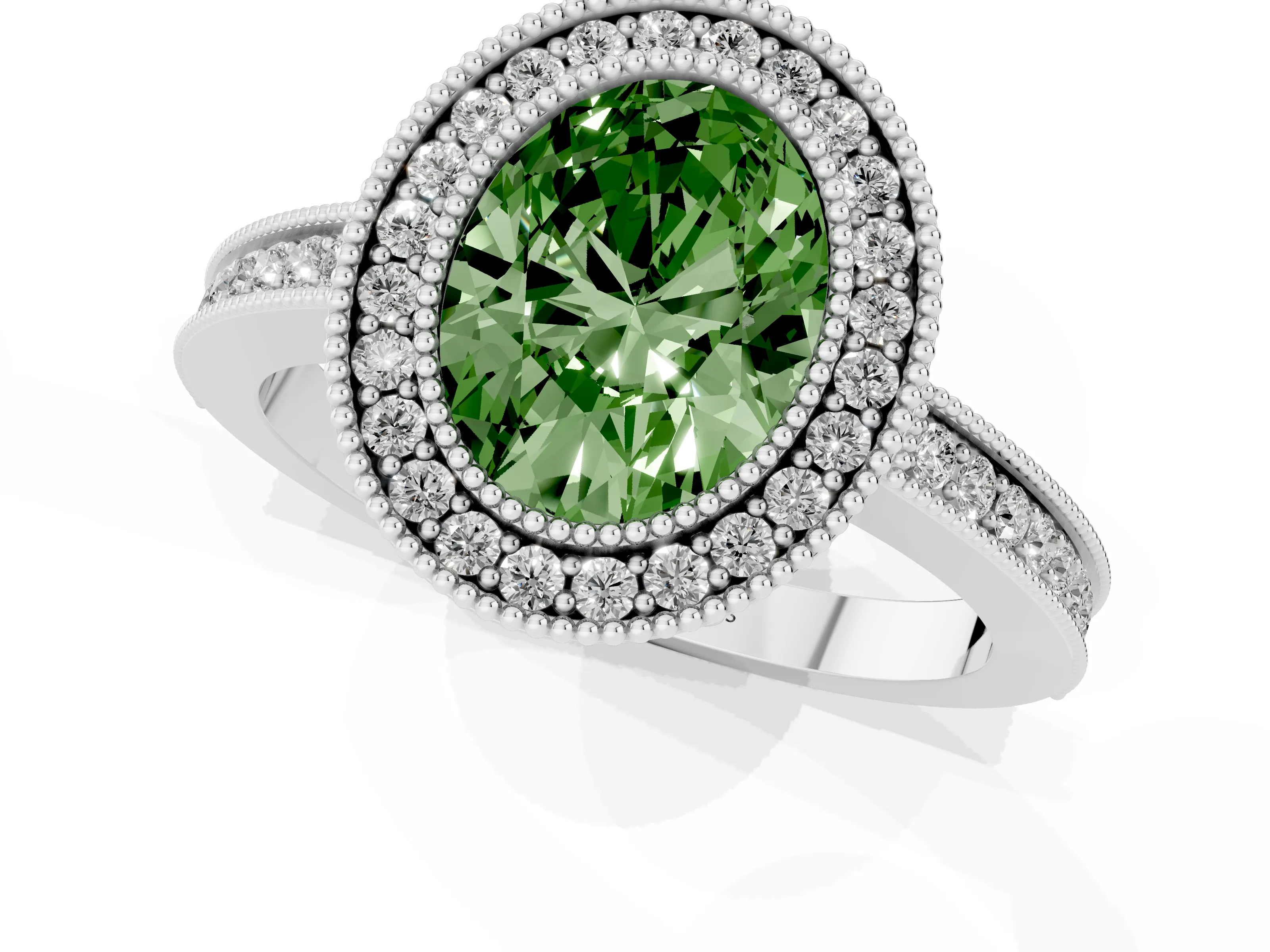 Fancy Green Oval Cut Diamond Halo Ring Set in Platinum with Pavé Band and Milgrain-Edged Prongs