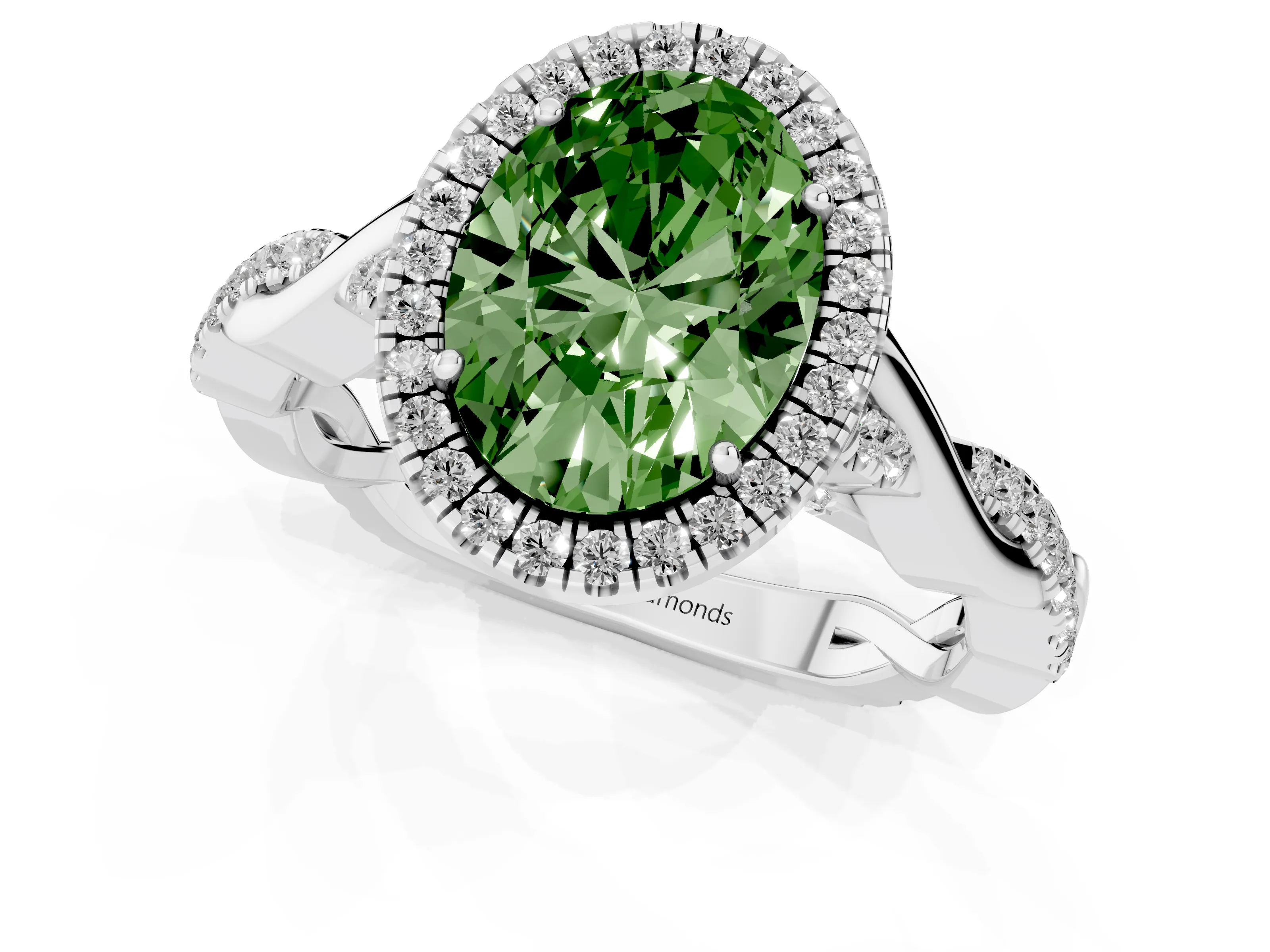 Fancy Green Oval Cut Diamond Halo Twist Band Solitaire Ring Set in White gold with Prong Setting
