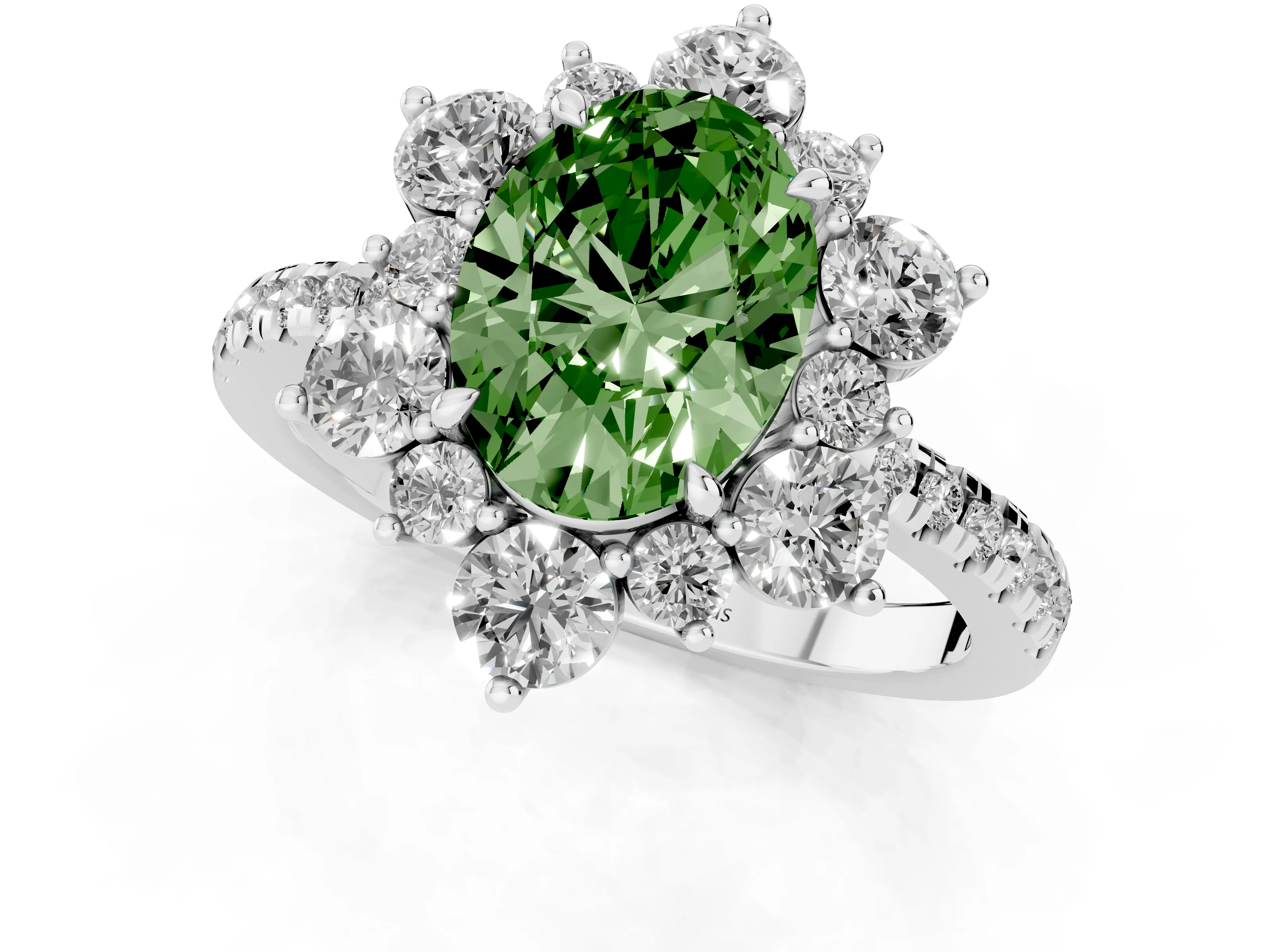 Fancy Green Oval Cut Diamond Floral Halo Ring Set in White gold with Round Pavé Band and Prong Setting
