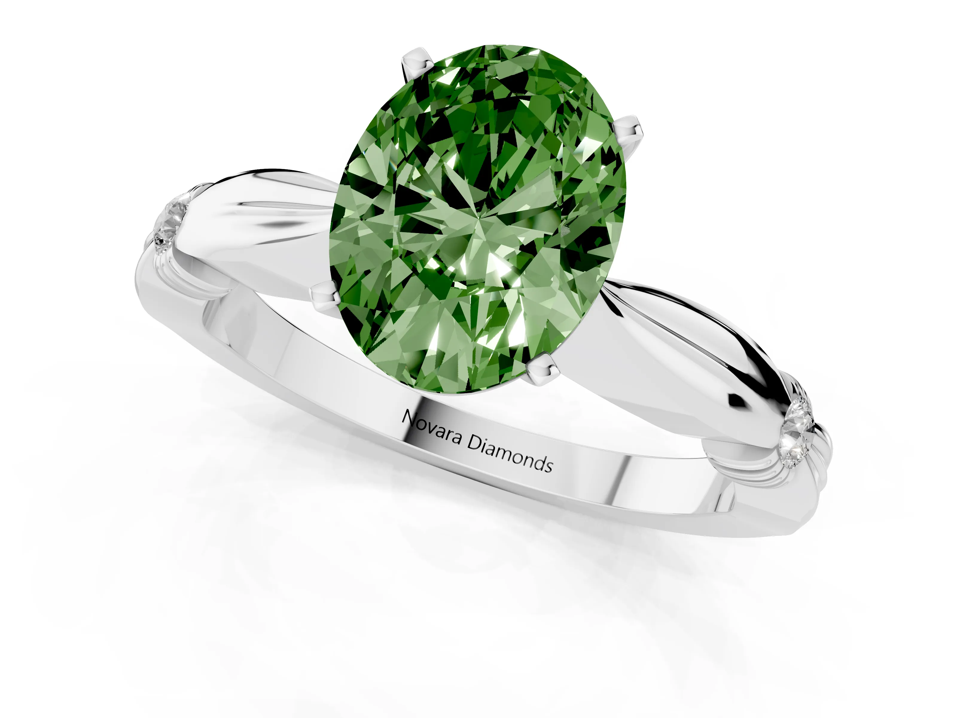 Fancy Green Oval Cut Diamond Solitaire Twisted Band Ring Set in Silver with Accent Stones and Prong Setting