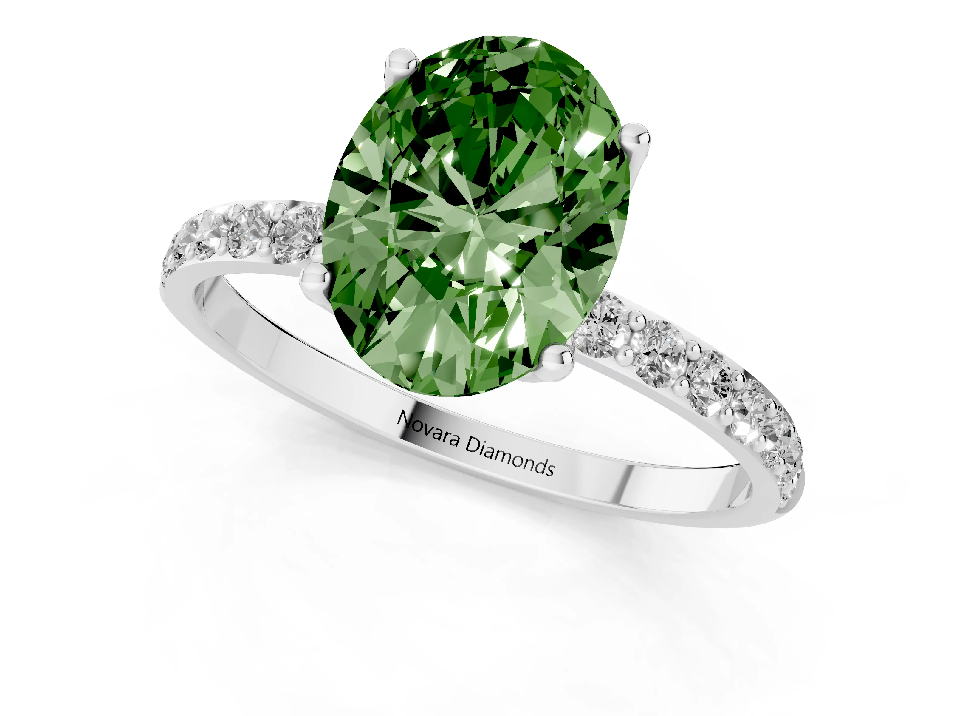 Fancy Green Oval Cut Diamond Solitaire Engagement Ring Set in White gold with Round Pavé Band and Prong Setting
