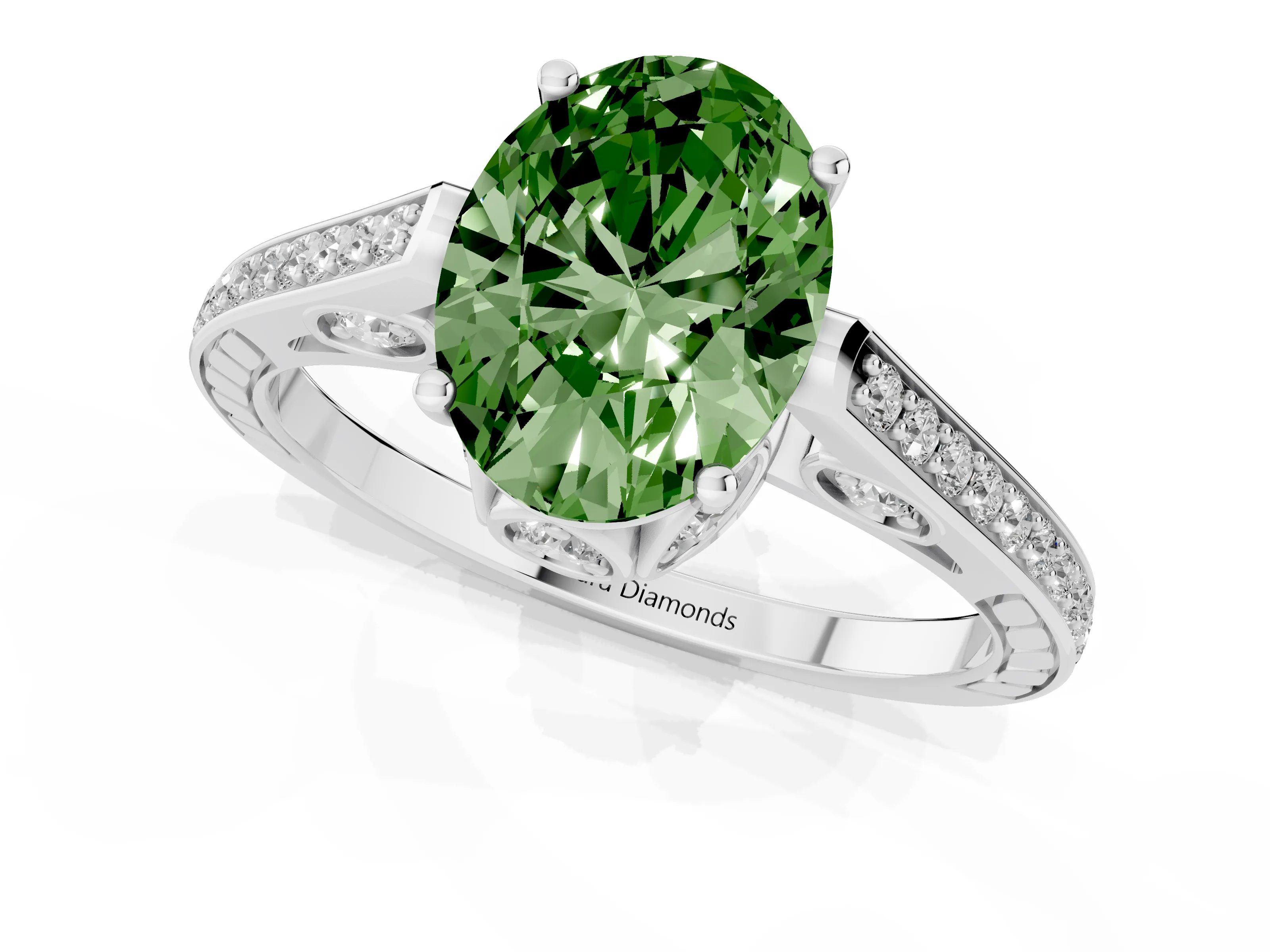 Fancy Green Oval Cut Diamond Cathedral Pavé Engagement Ring Set in Silver with Prong Setting