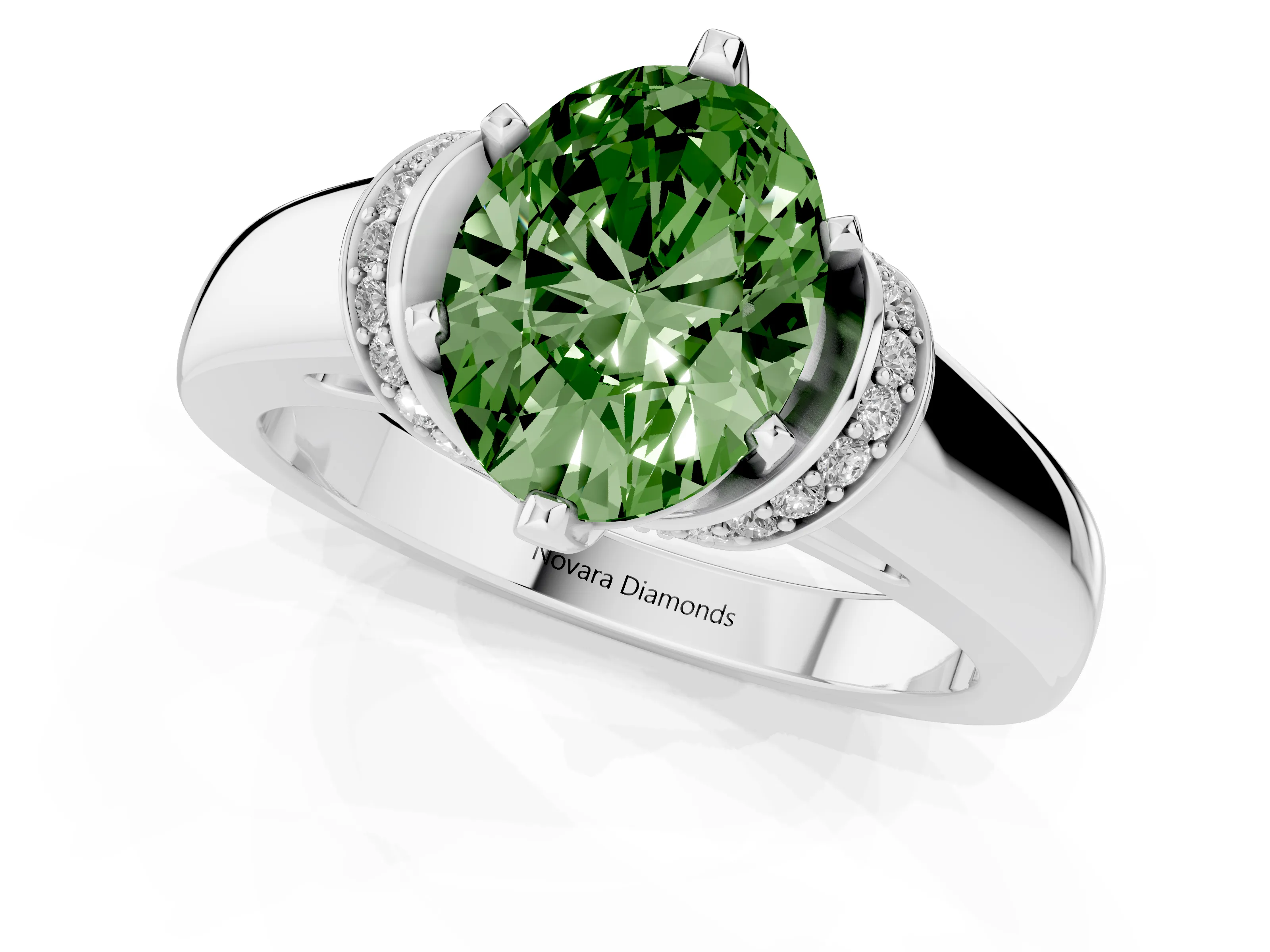 Fancy Green Oval Cut Diamond Pavé Band Solitaire Ring Set in Silver with Prong Setting