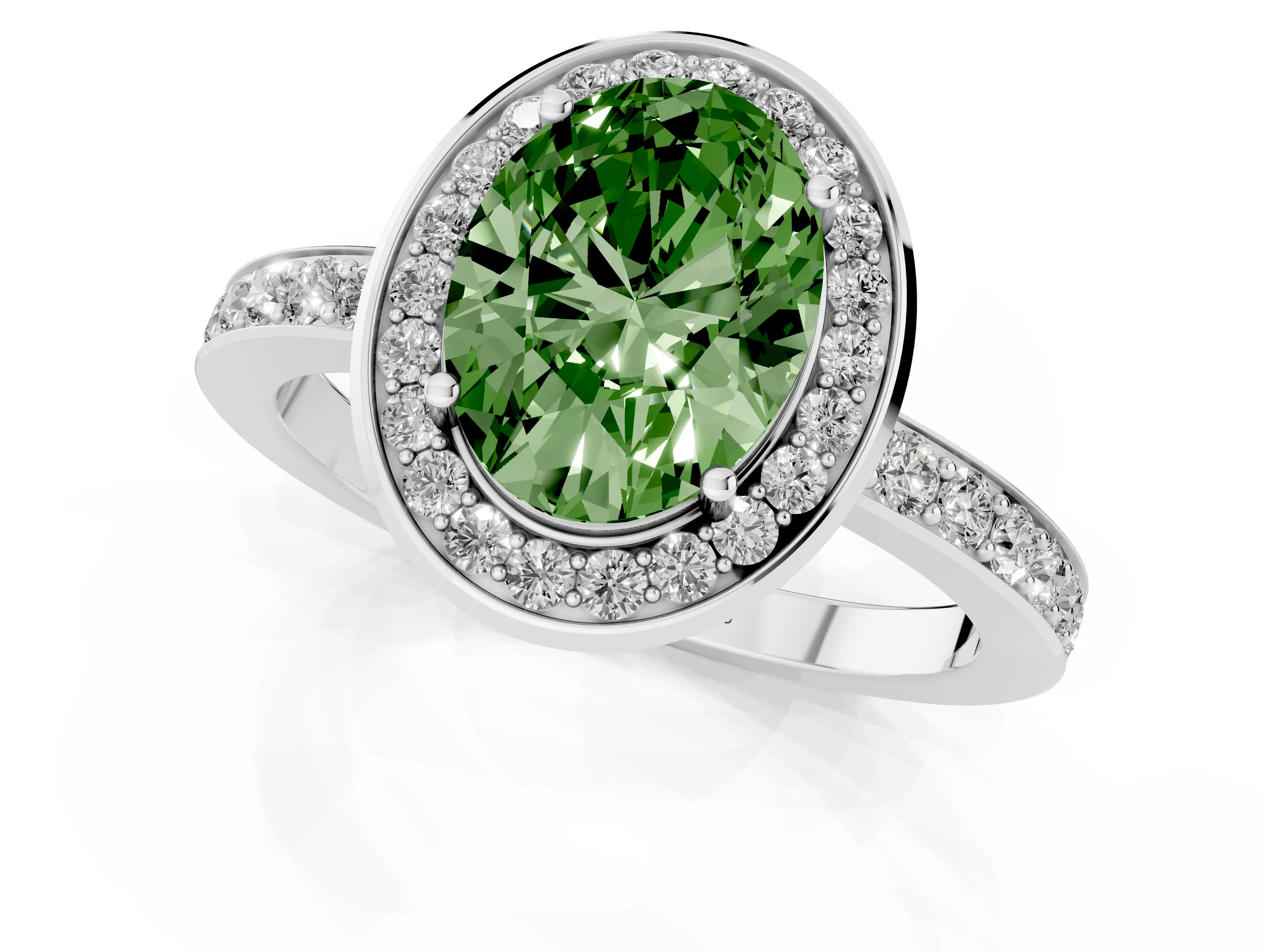 Fancy Green Oval Cut Diamond Halo Ring Set in Platinum with Bezel Frame and Pavé Band