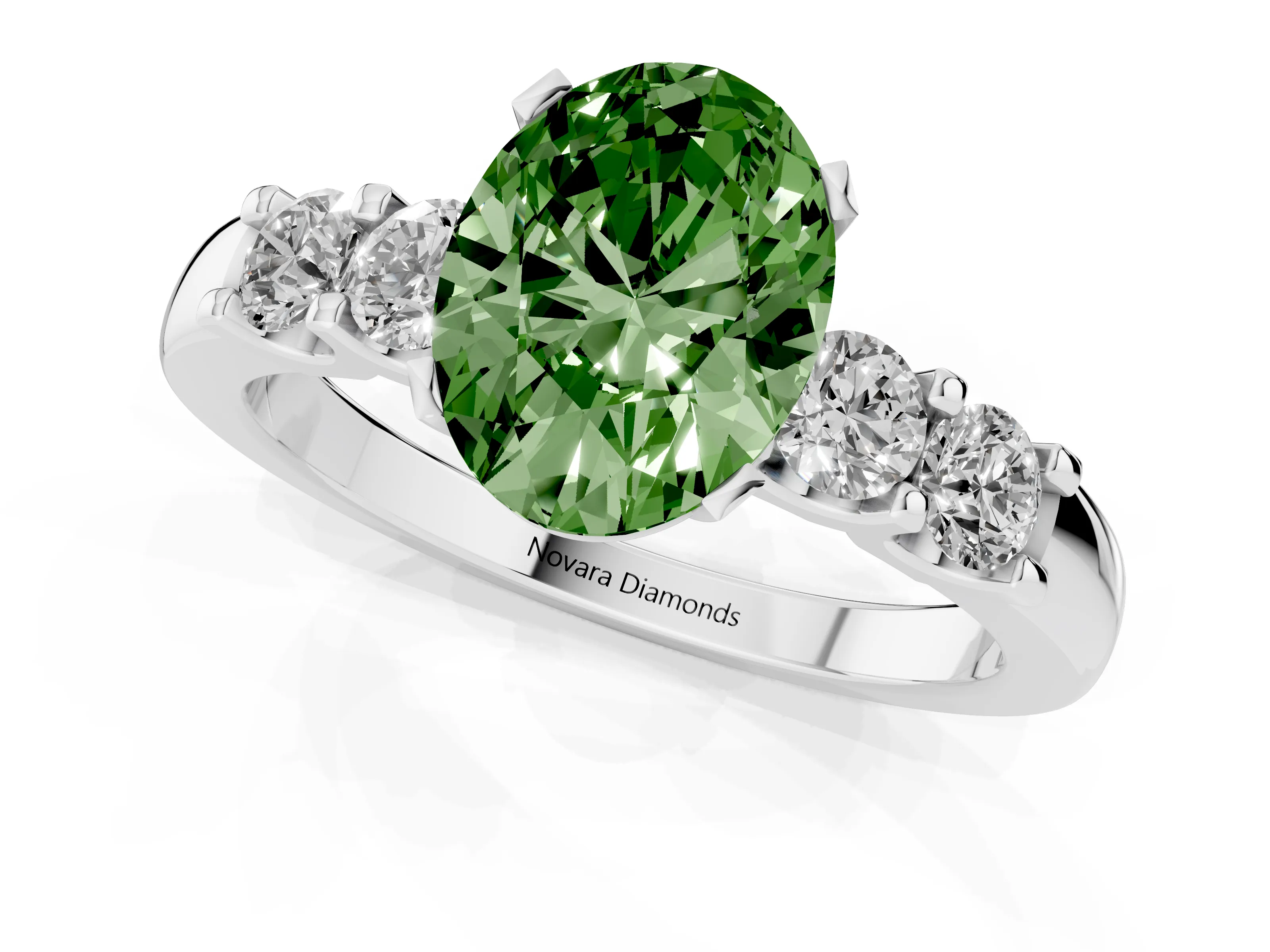 Fancy Green Oval Cut Diamond Five-Stone Prong Set Engagement Ring Set in Platinum with Channel Band