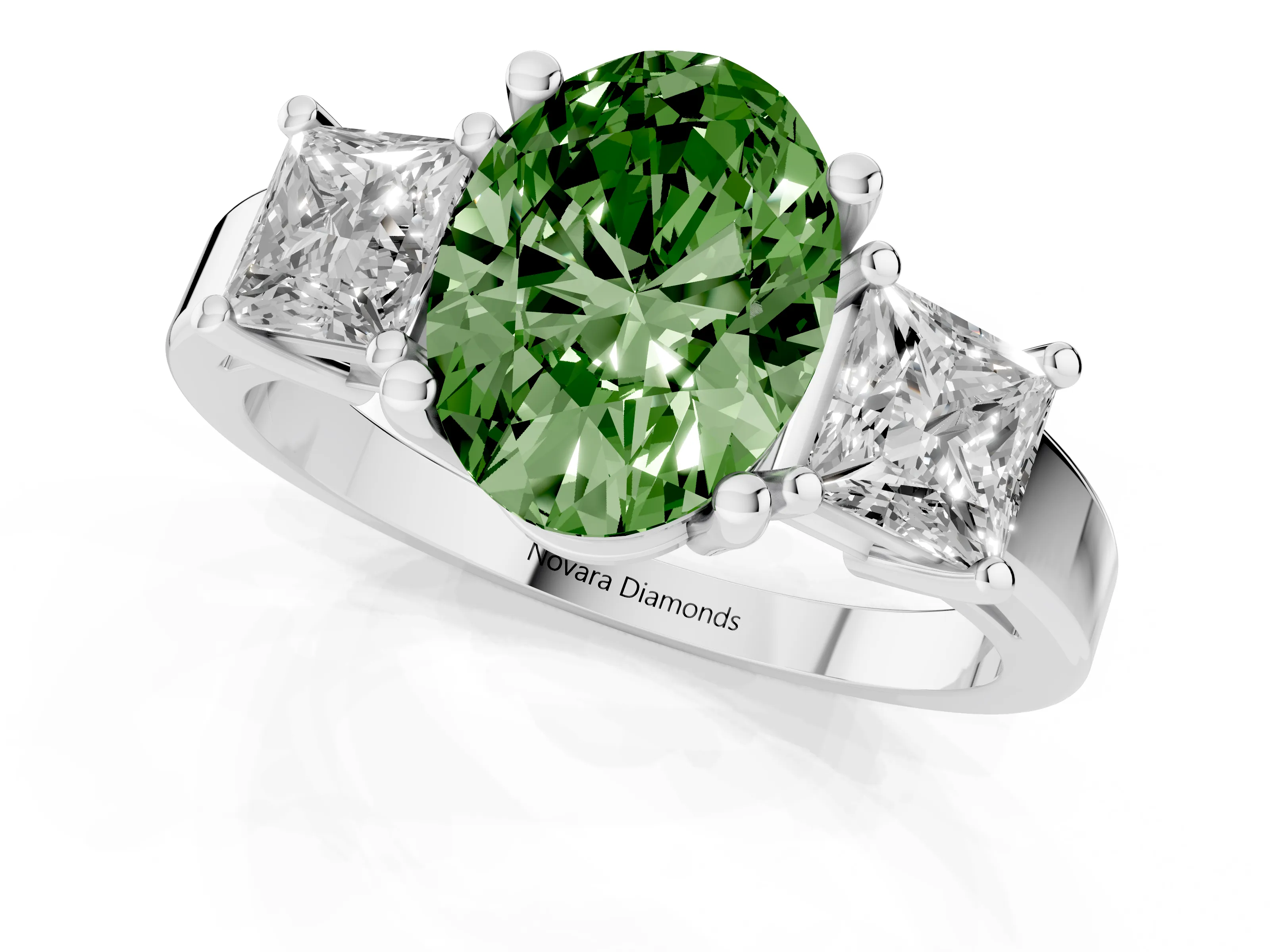 Fancy Green Three-Stone Oval Cut Diamond Solitaire Ring Set in Platinum with Prong Setting