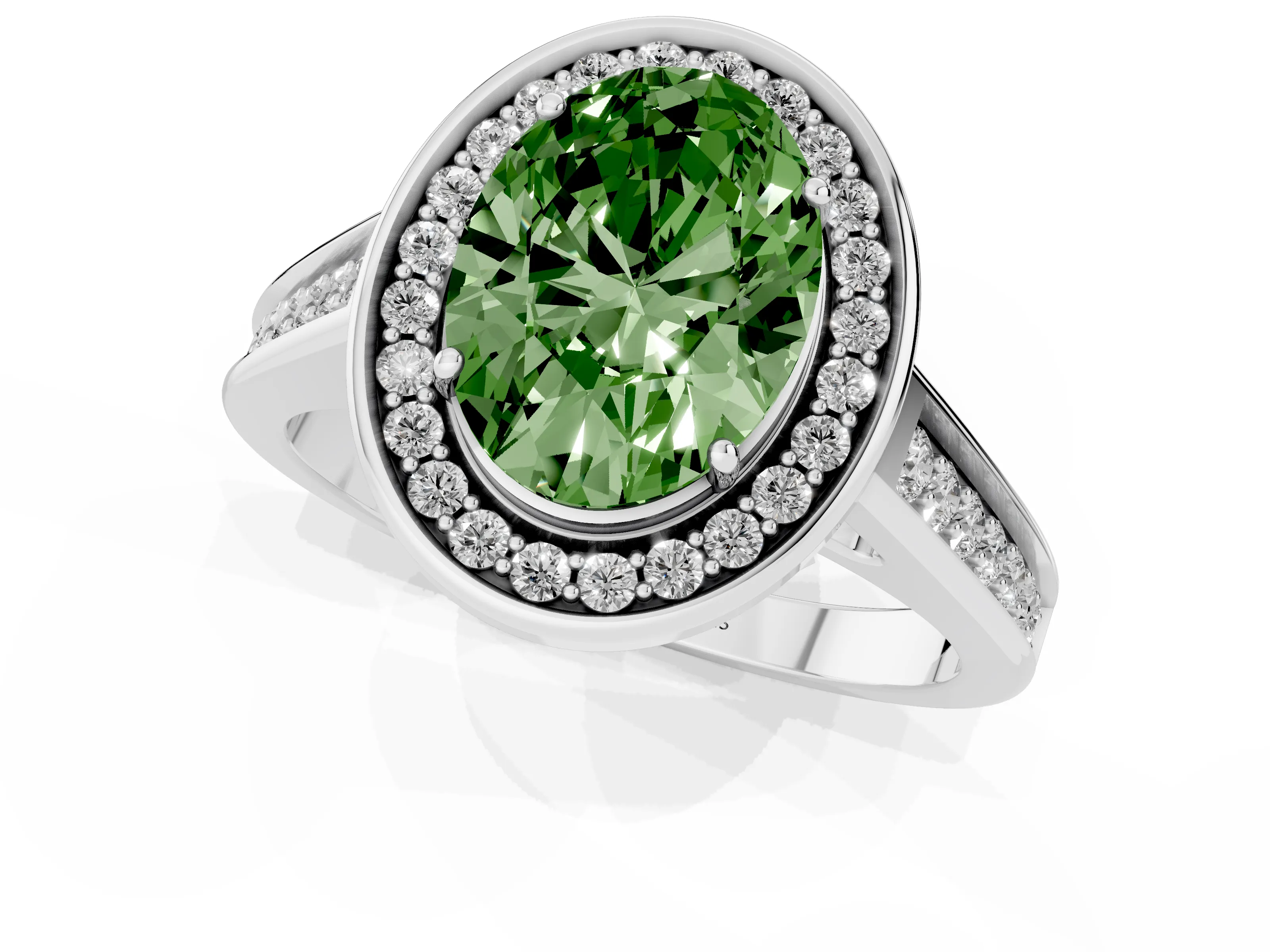Fancy Green Oval Cut Diamond Halo Solitaire Ring Set in Platinum with Pavé Band and Bezel Setting