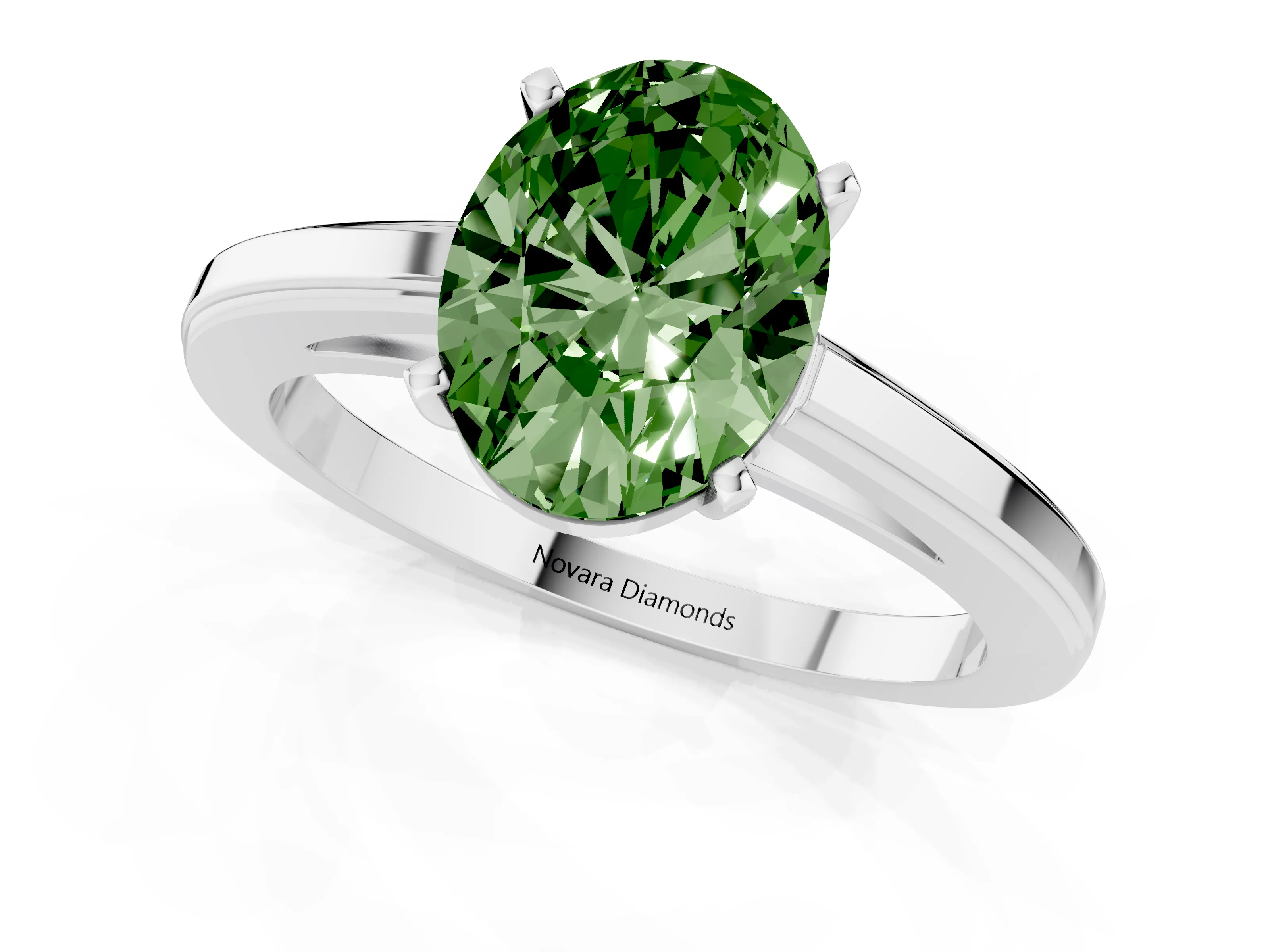 Fancy Green Oval Cut Diamond Solitaire Ring Set in Platinum with Prong Setting and Classic Band