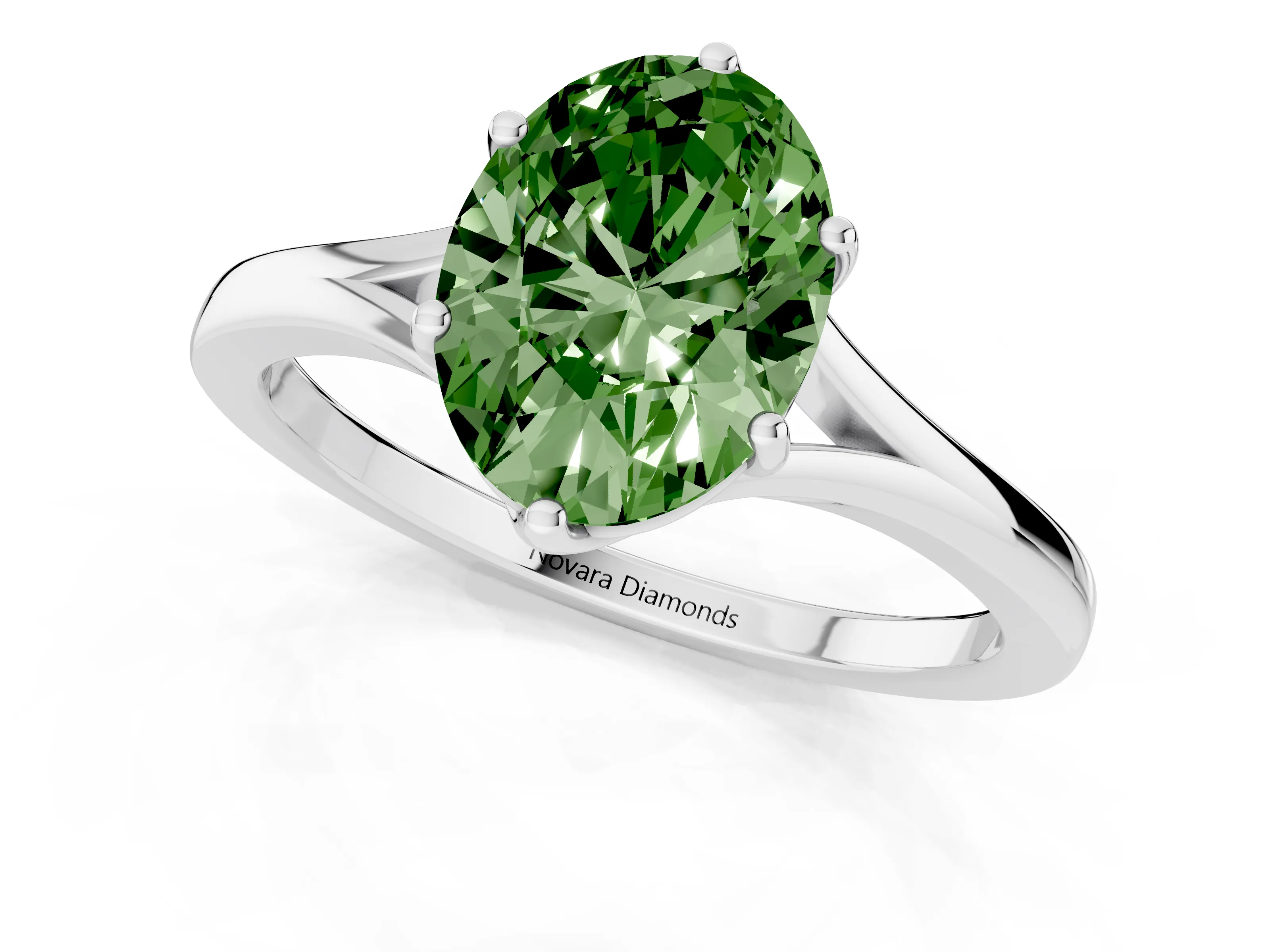 Fancy Green Oval Cut Diamond Solitaire Ring Set in Silver with Polished Tapered Band and Prong Setting