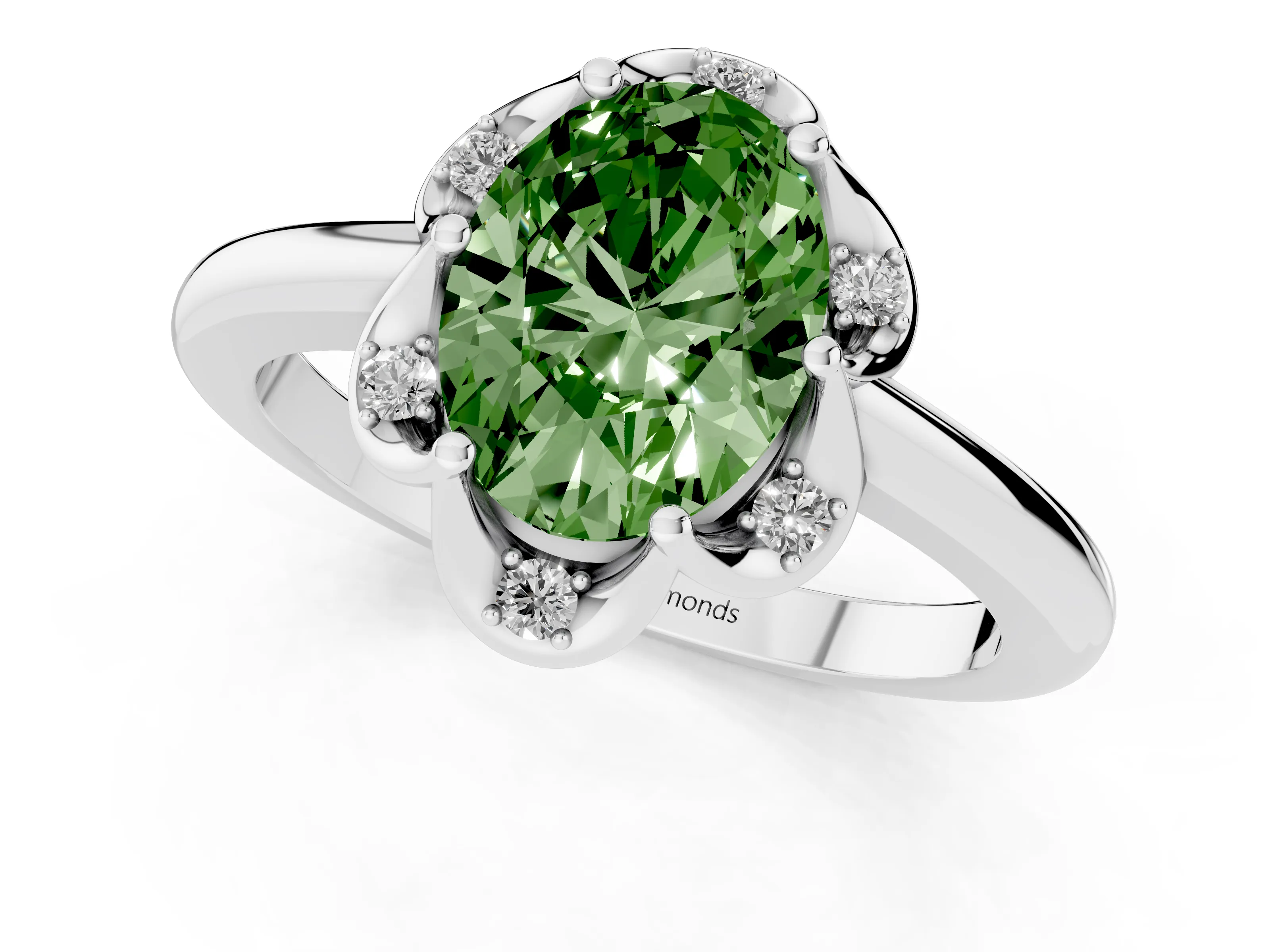 Fancy Green Oval Cut Diamond Round Cluster Halo Ring Set in Platinum with Solitaire Band and Prong Setting