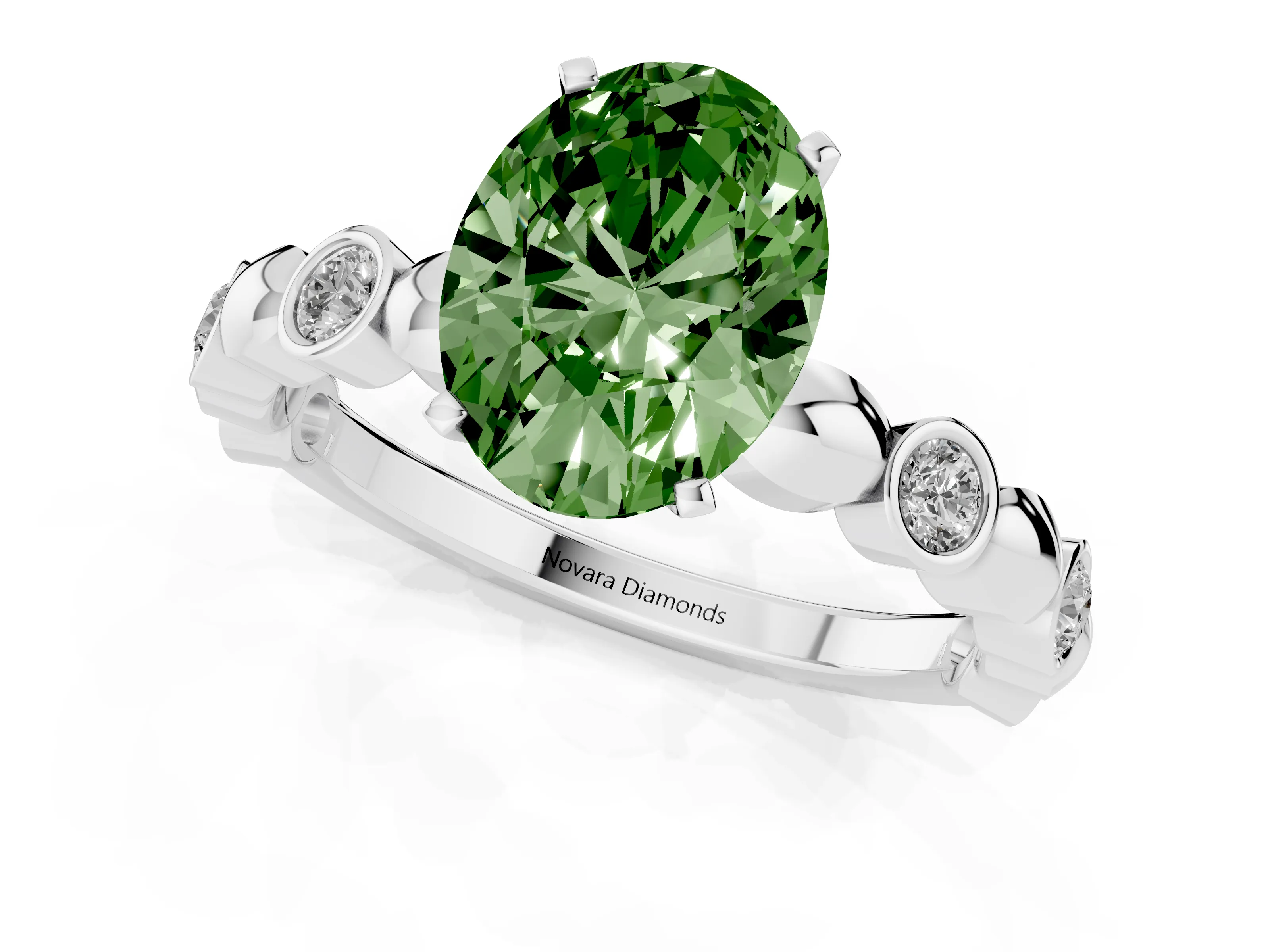 Fancy Green Oval Cut Diamond Solitaire Ring Set in Silver with Bezel-Set Accents on Beaded Band and Prong Setting