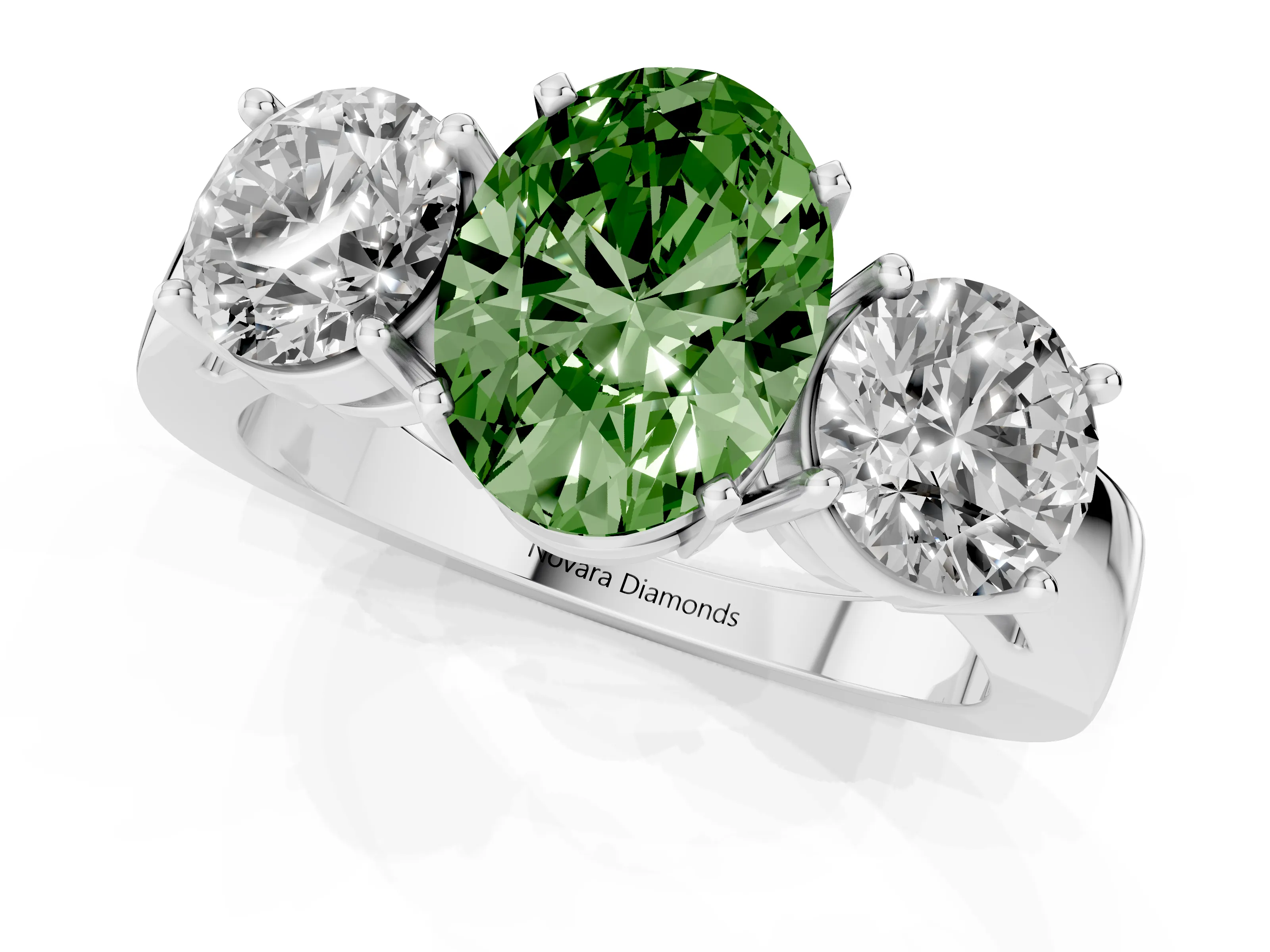 Fancy Green Oval Cut Diamond Three-Stone Ring Set in Platinum with Round Side Stones and Classic Band