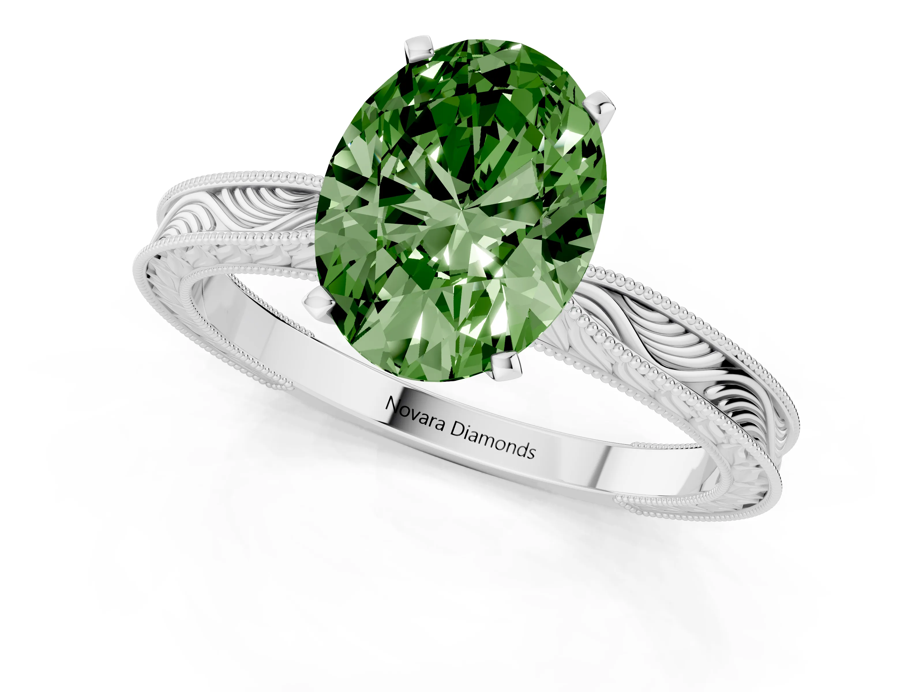 Fancy Green Oval Cut Diamond Solitaire Milgrain Engraved Band Set in White gold with Prong Setting