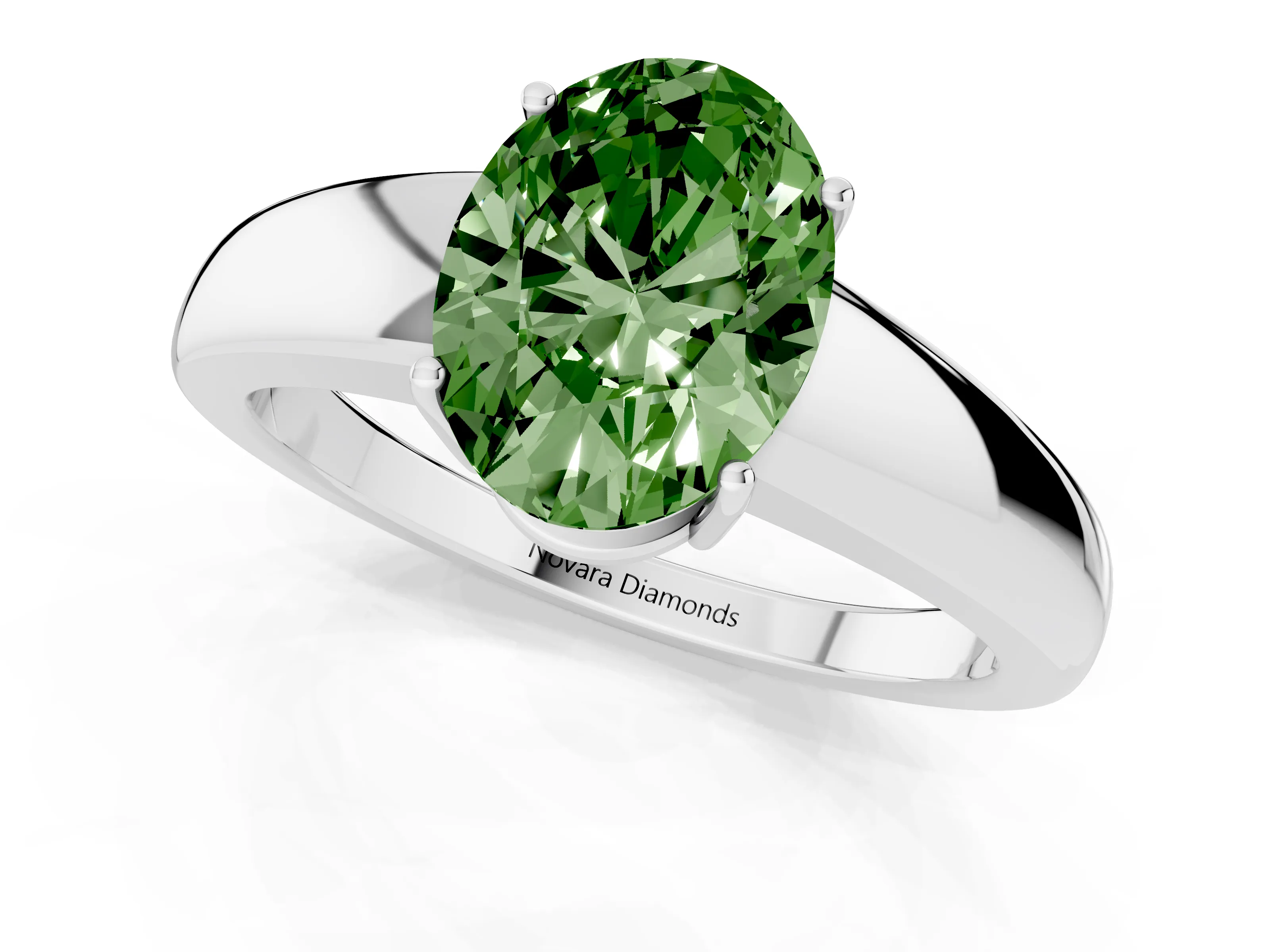 Fancy Green Oval Cut Diamond Solitaire Ring Set in Platinum with Tapered Band and Prong Setting