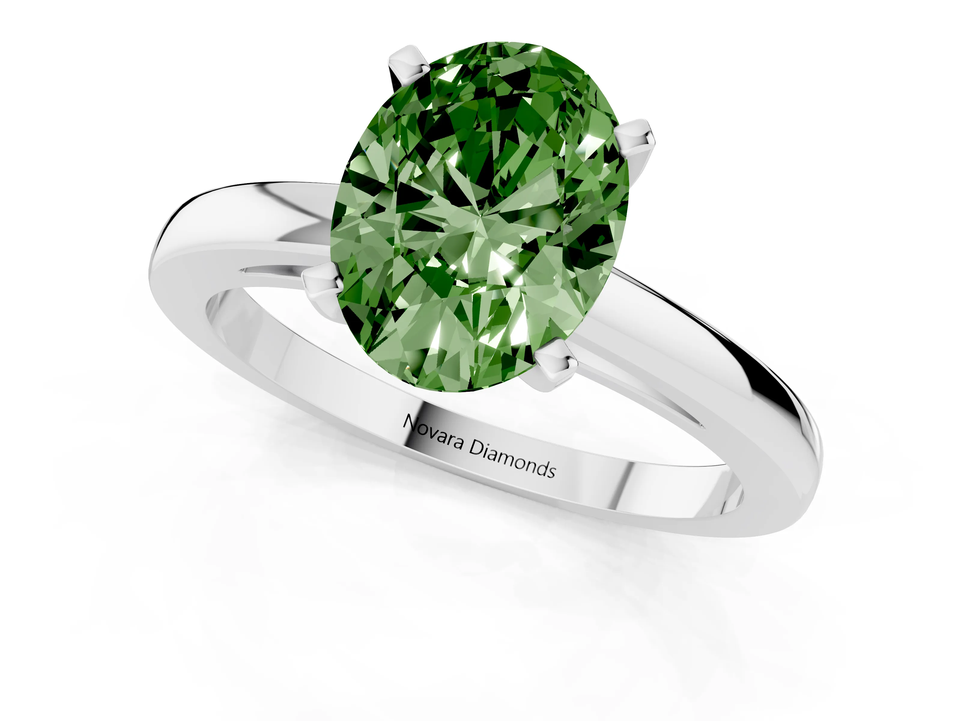 Fancy Green Oval Cut Diamond Solitaire Engagement Ring Set in Silver with Prong Setting on a Classic Band