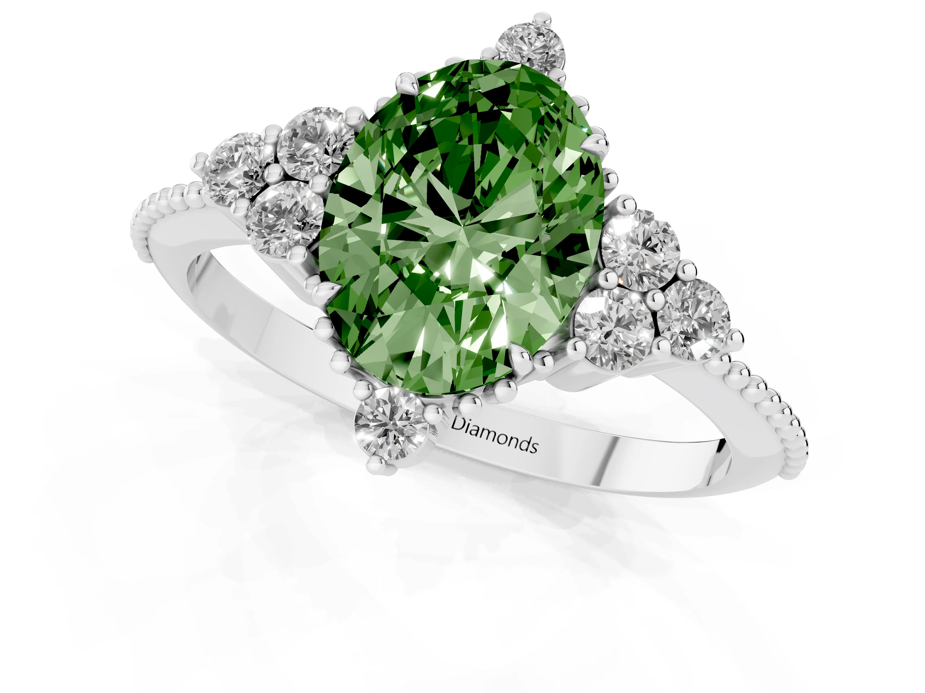 Fancy Green Oval Cut Diamond Cluster Ring Set in Silver with Beaded Band