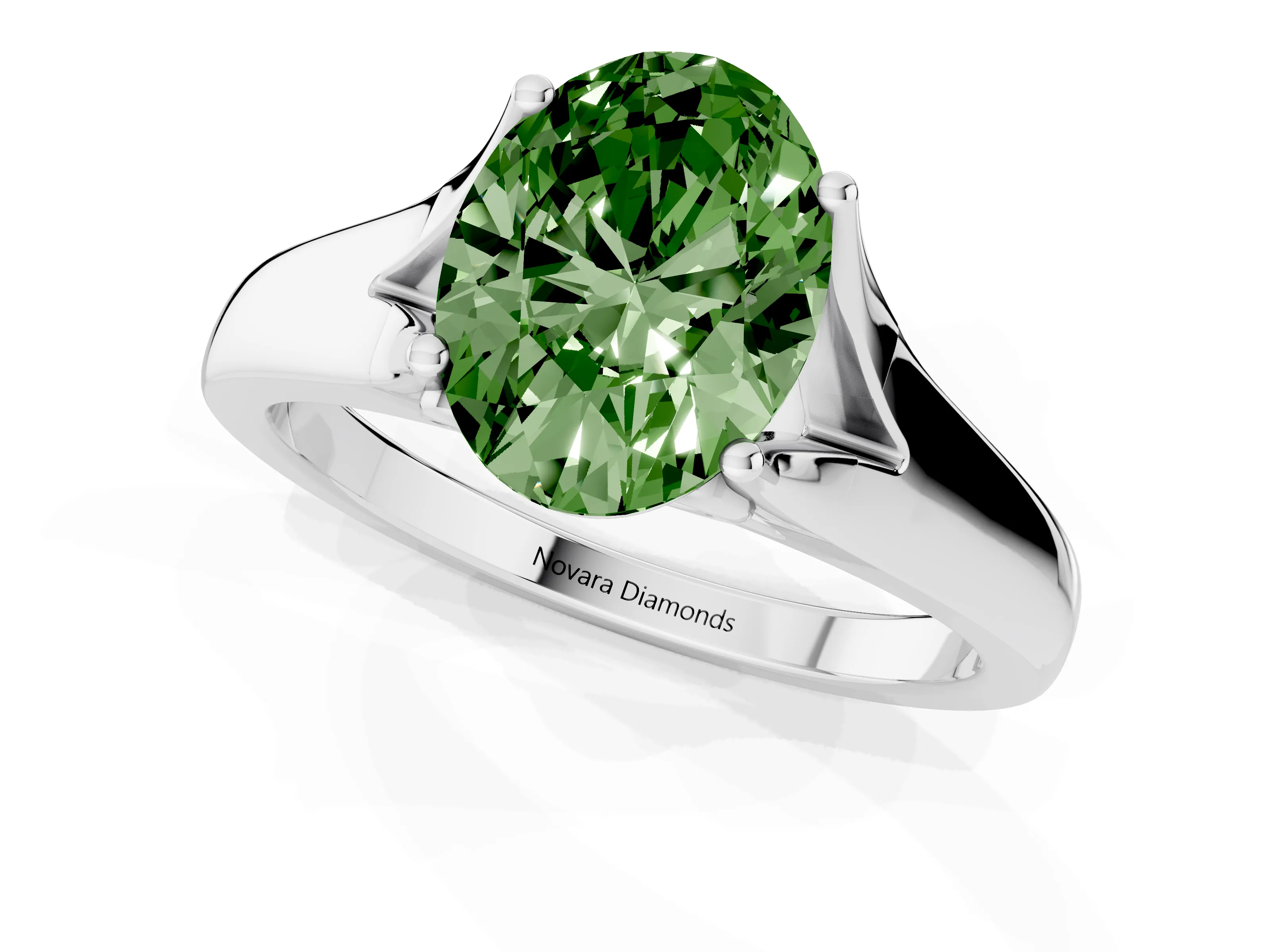 Fancy Green Oval Cut Diamond Solitaire Ring Set in White gold with Arched Cathedral Band and Prong Setting