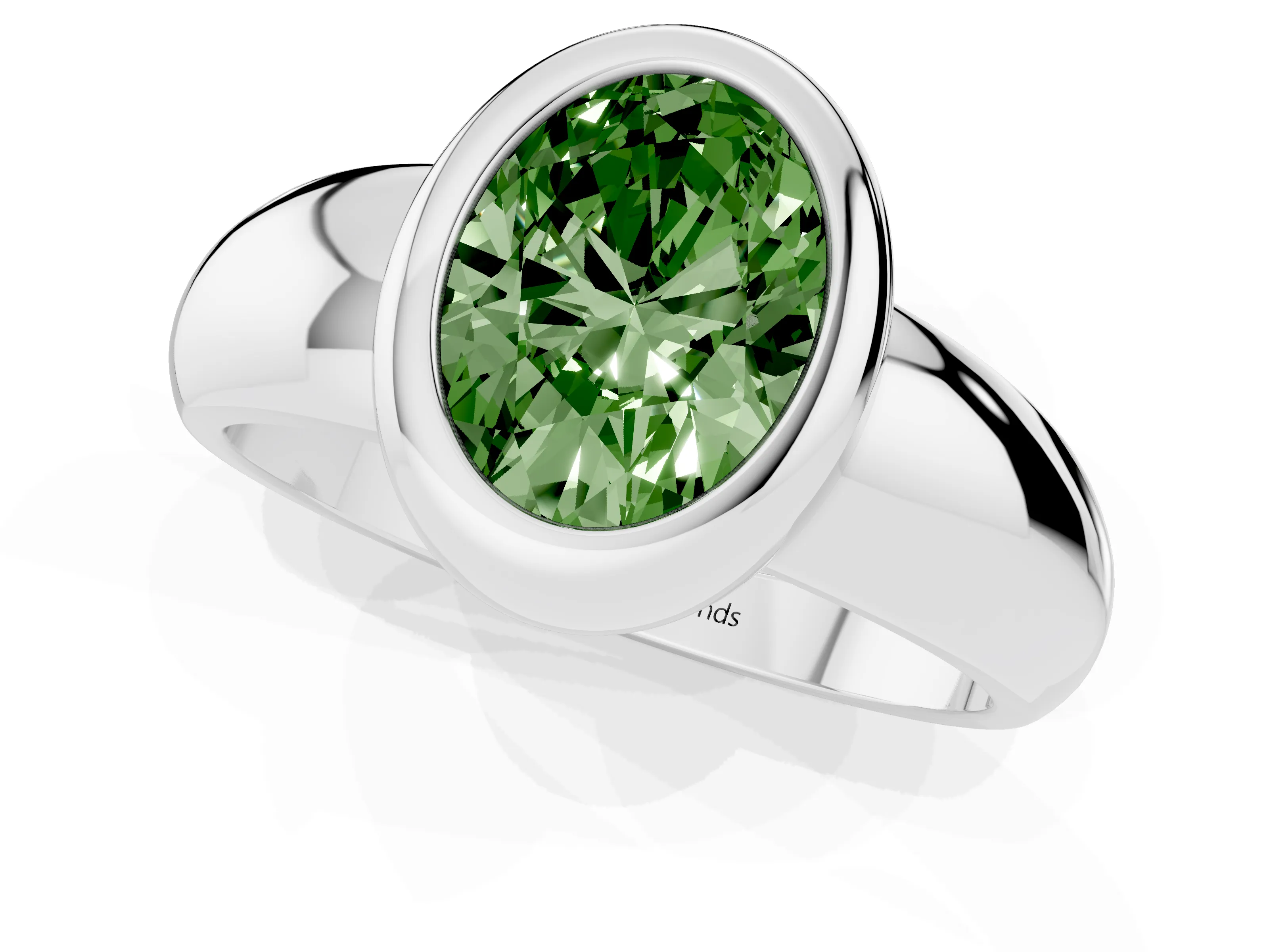 Fancy Green Bezel Set Oval Cut Diamond Solitaire Ring Set in Platinum with Wide Band
