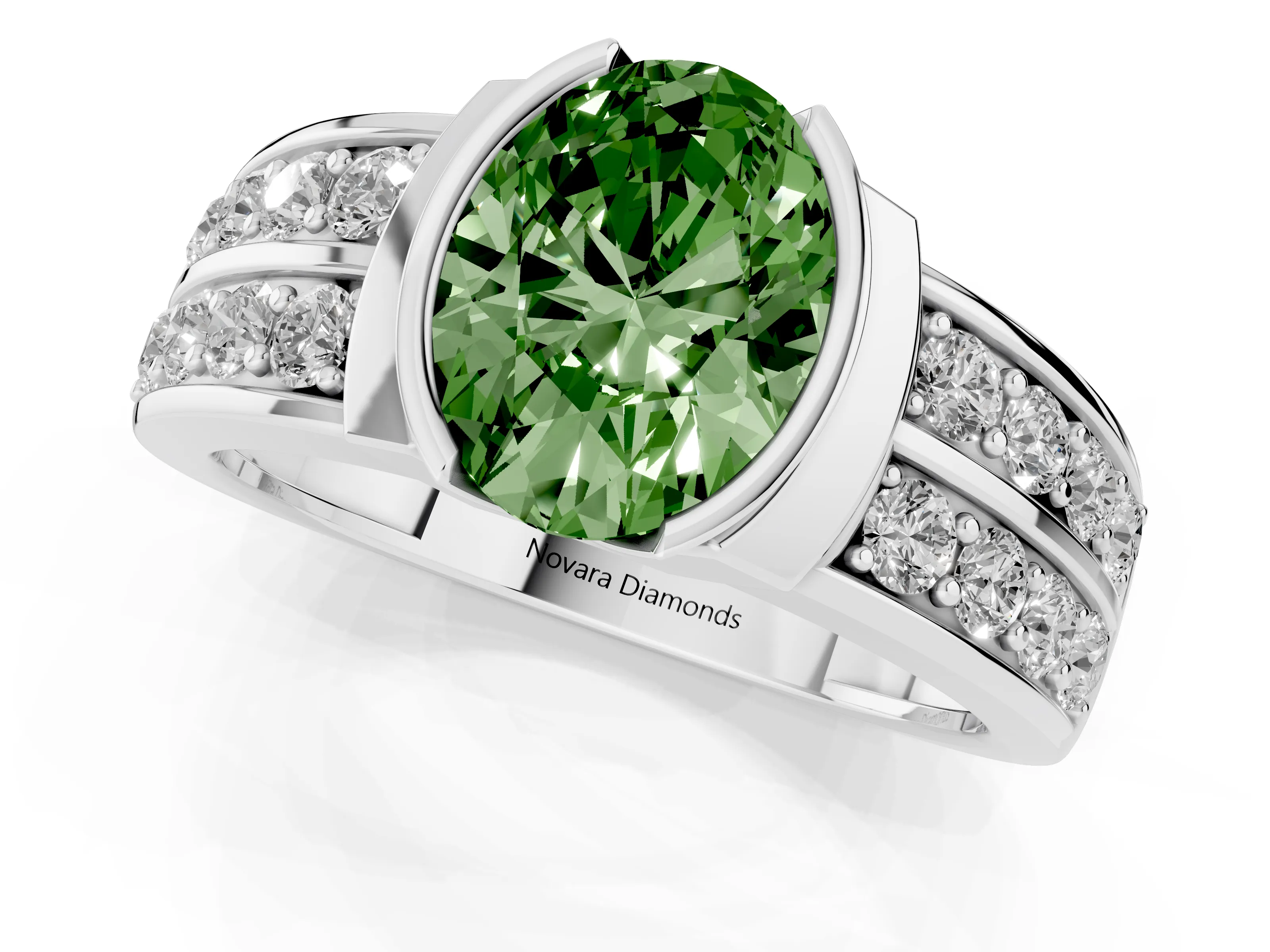 Fancy Green Oval Cut Diamond Wide Channel Set Band Ring Set in Silver with Bezel Setting