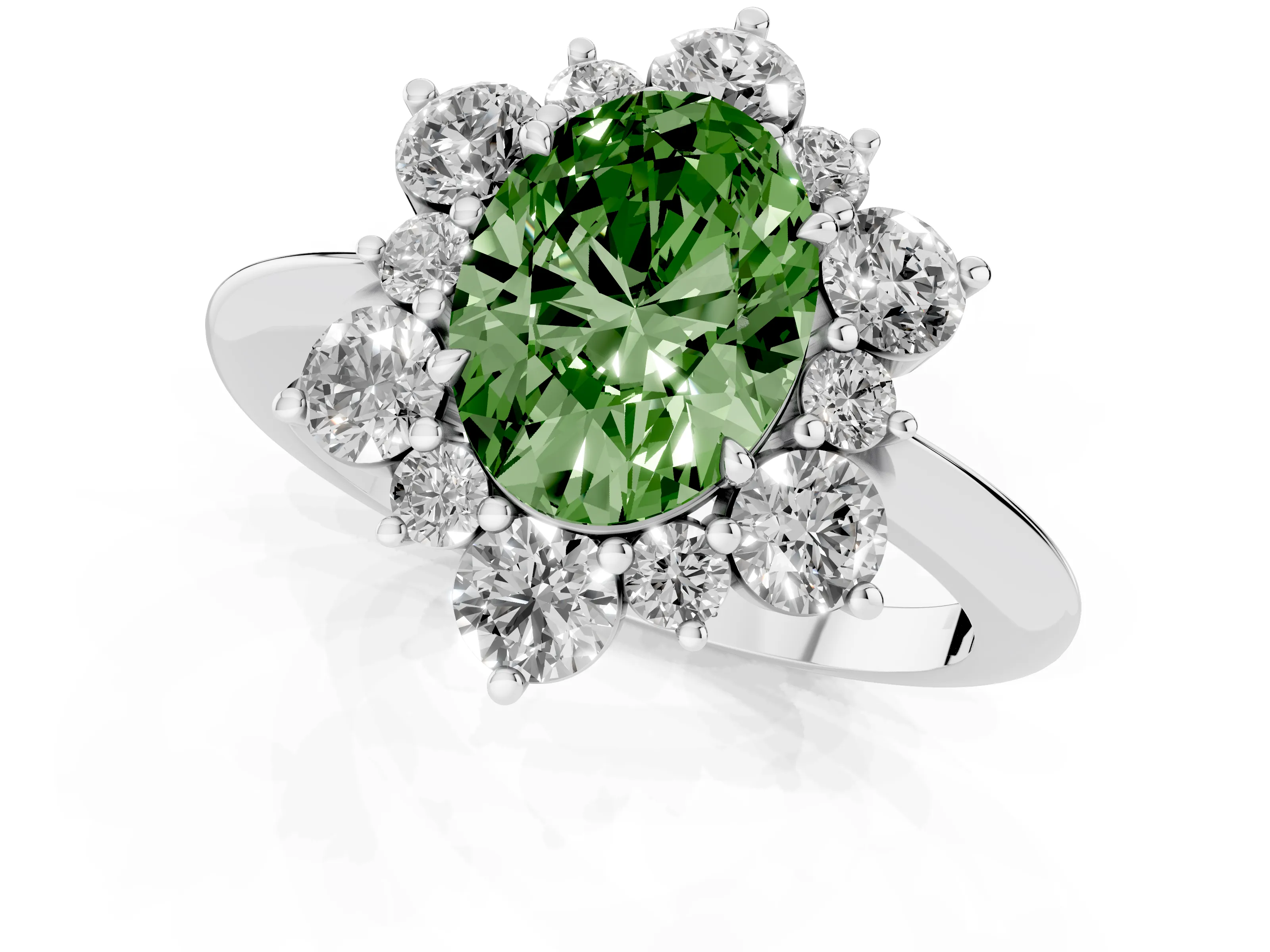 Fancy Green Oval Cut Diamond Cluster Halo Ring Set in Silver with Solitaire Band and Prong Setting
