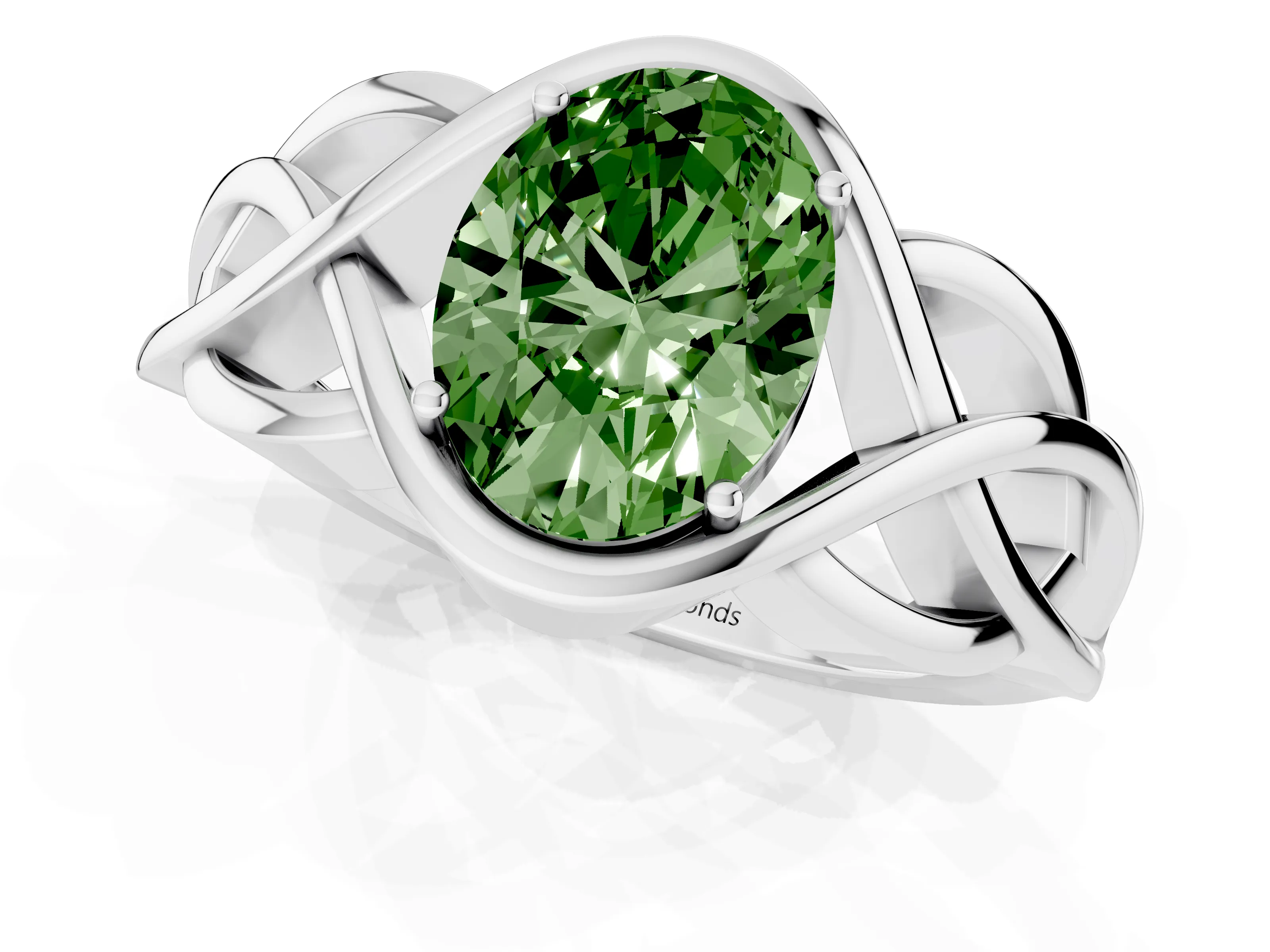 Fancy Green Oval Cut Diamond Solitaire Ring Set in Platinum with Intertwined Band