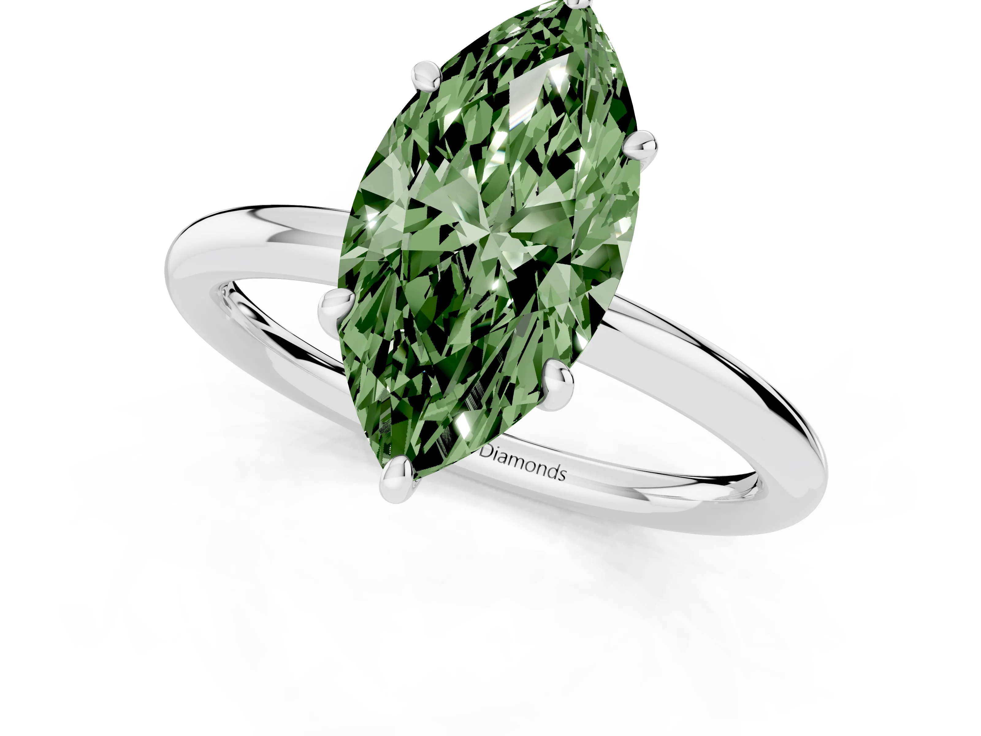 Fancy Green Oval Cut Diamond Solitaire Ring Set in White gold with Prong Setting on a Polished Plain Band