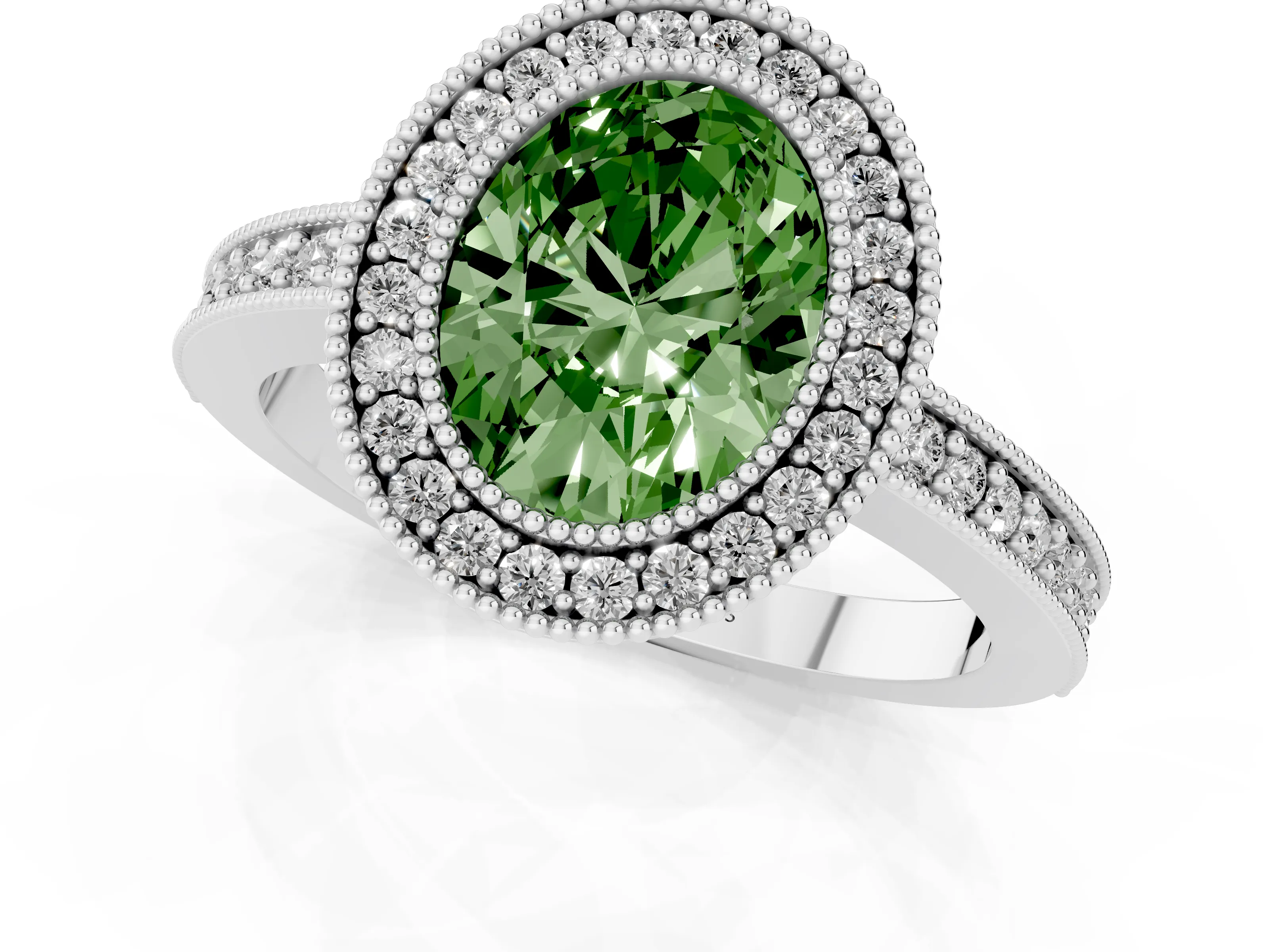 Fancy Green Oval Cut Diamond Halo Engagement Ring Set in White gold with Pavé Band and Round Halo Stones