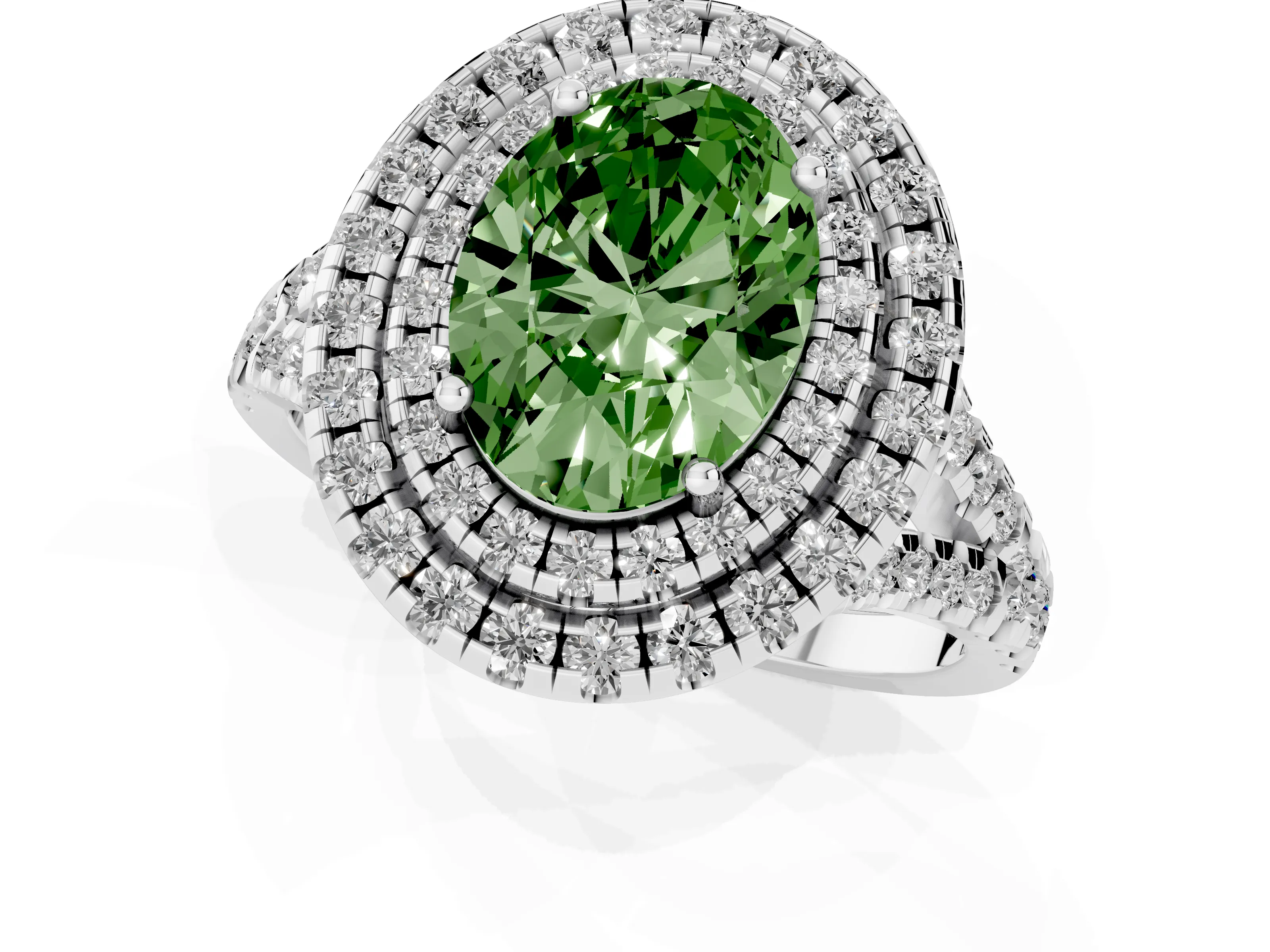 Fancy Green Oval Cut Diamond Double Halo Ring Set in White gold with Pavé Split Shank and Prong Setting