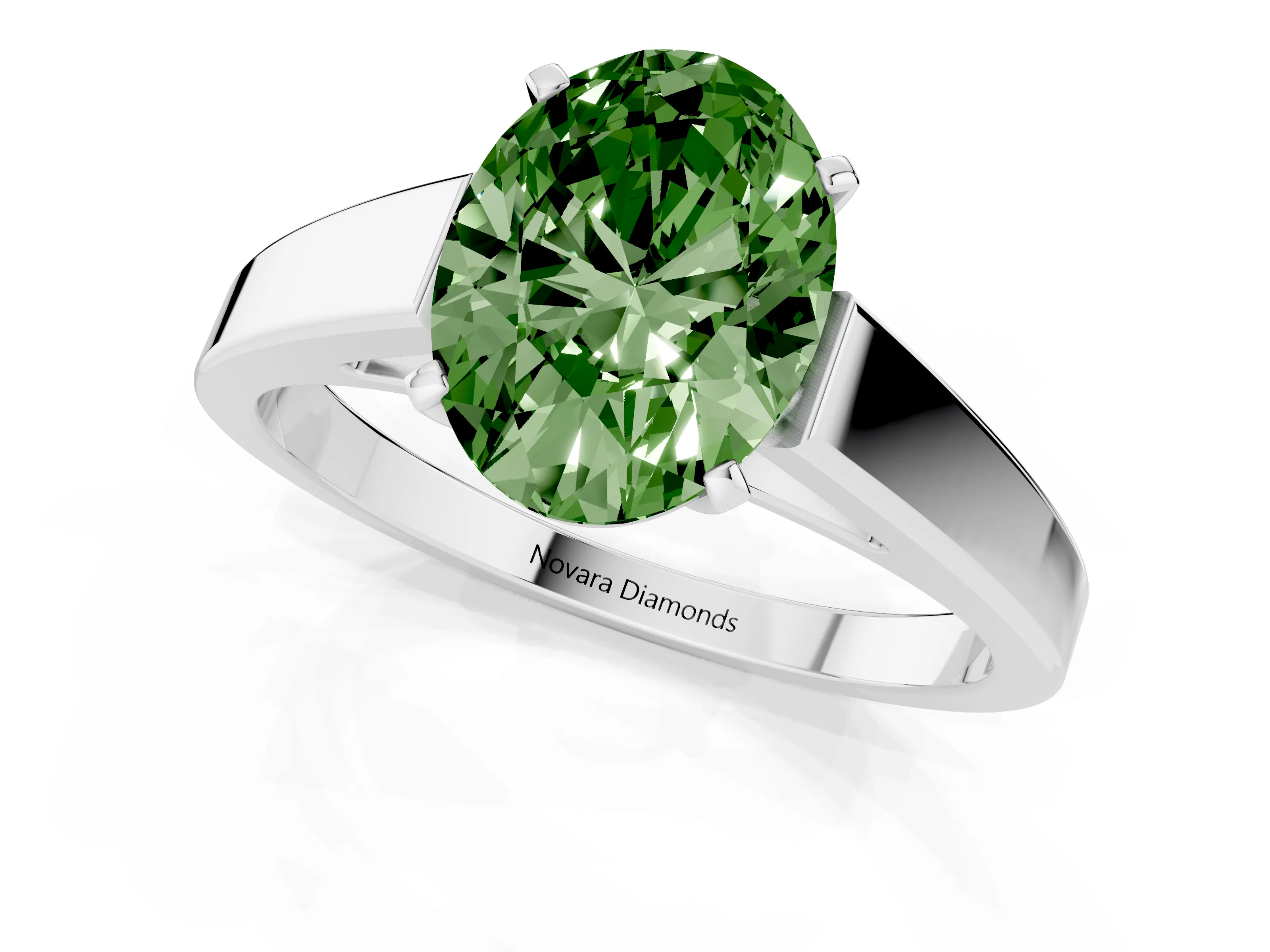Fancy Green Oval Cut Diamond Solitaire Engagement Ring Set in White gold with Prong Setting and Tapered Band